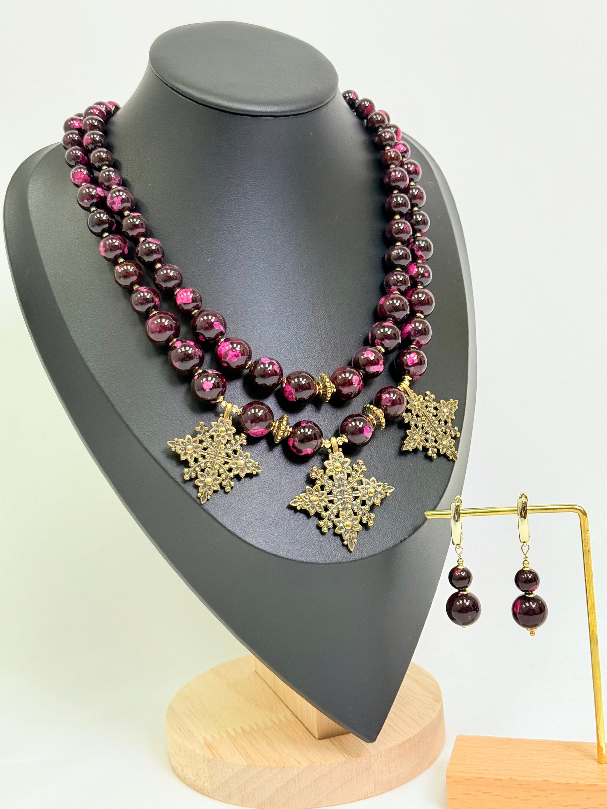 Two-Strand Pink-Brown Jasper Necklace with Brass Flower-Shaped Cross Pendants