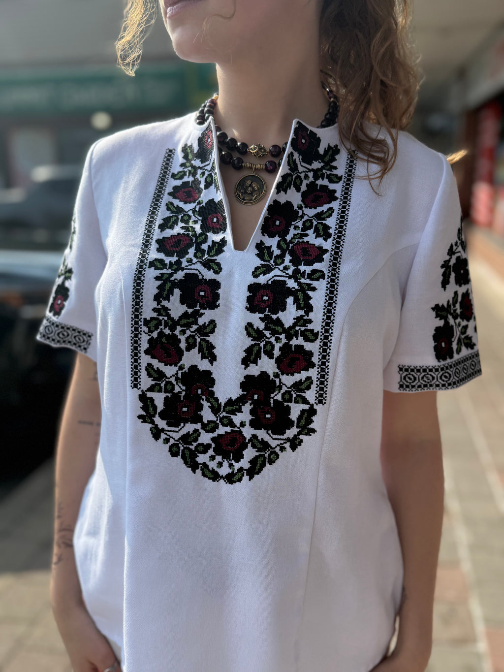 Women’s Embroidered Shirt "Festive" – Short Sleeve Ukrainian Vyshyvanka with Colorful Floral Embroidery