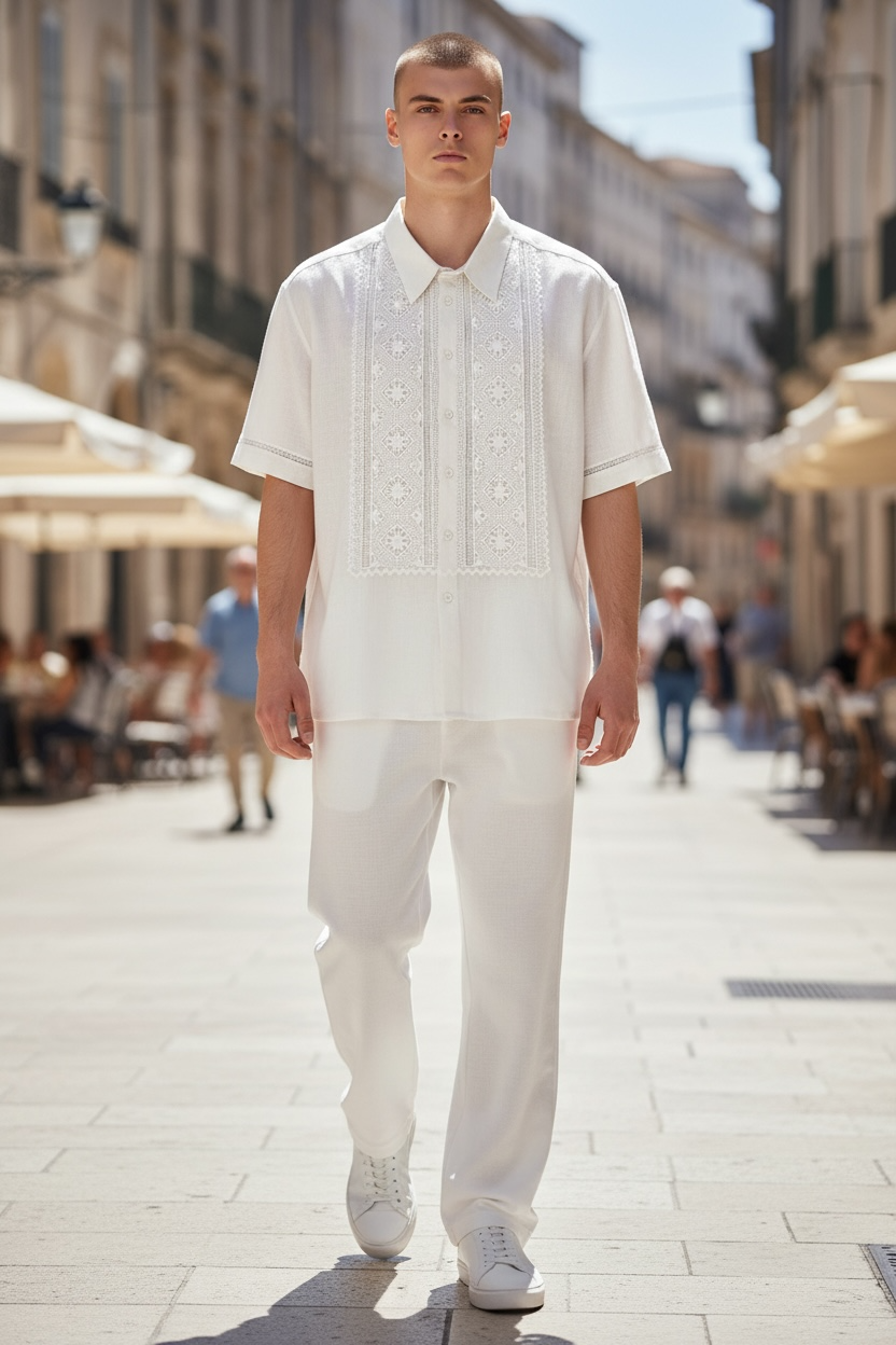 Men’s White Linen Vyshyvanka With Traditional Hand-Embroidered Short Sleeve