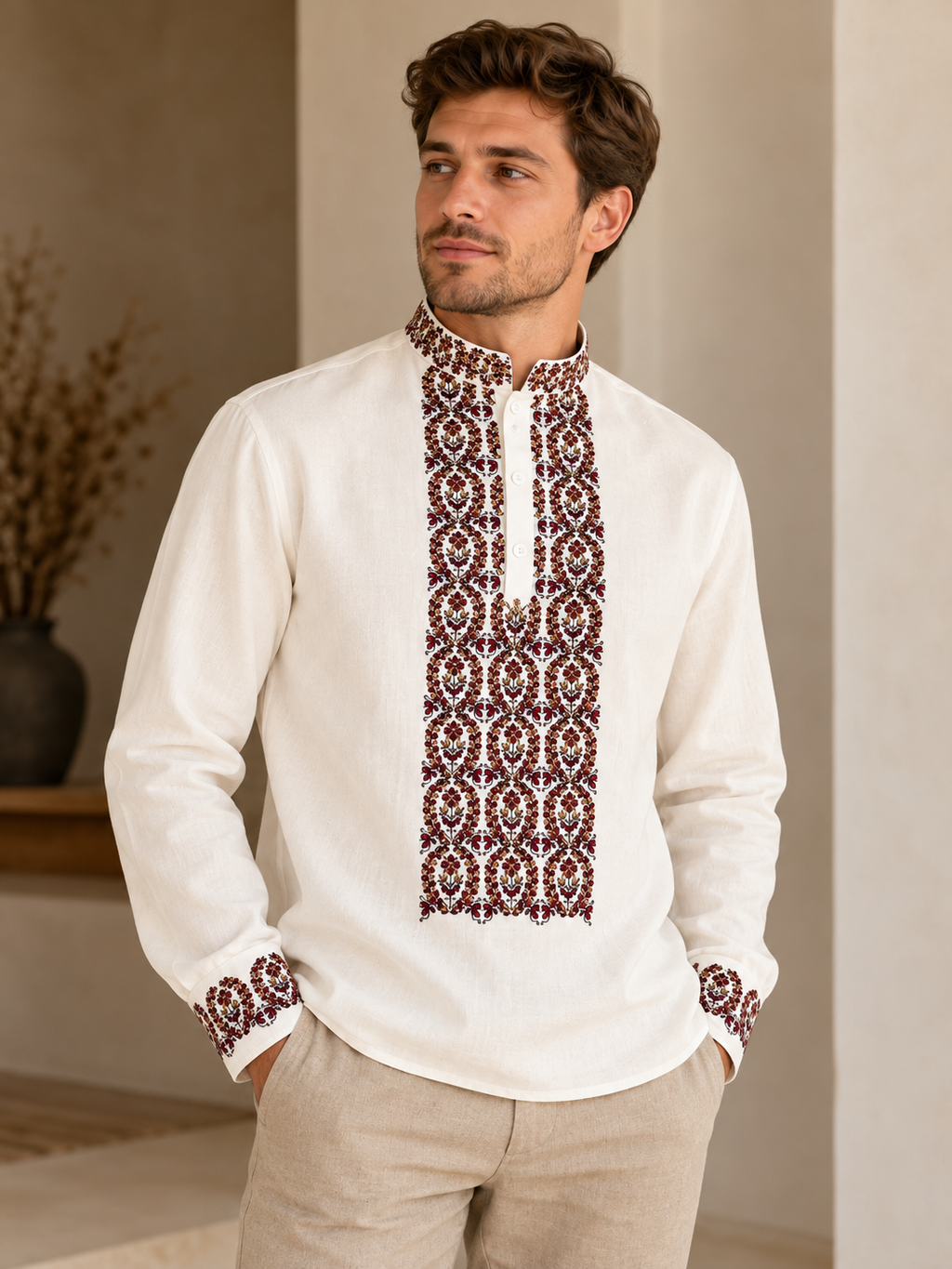 Men's Ivory Ukrainian Embroidered Shirt with Burgundy Ornament