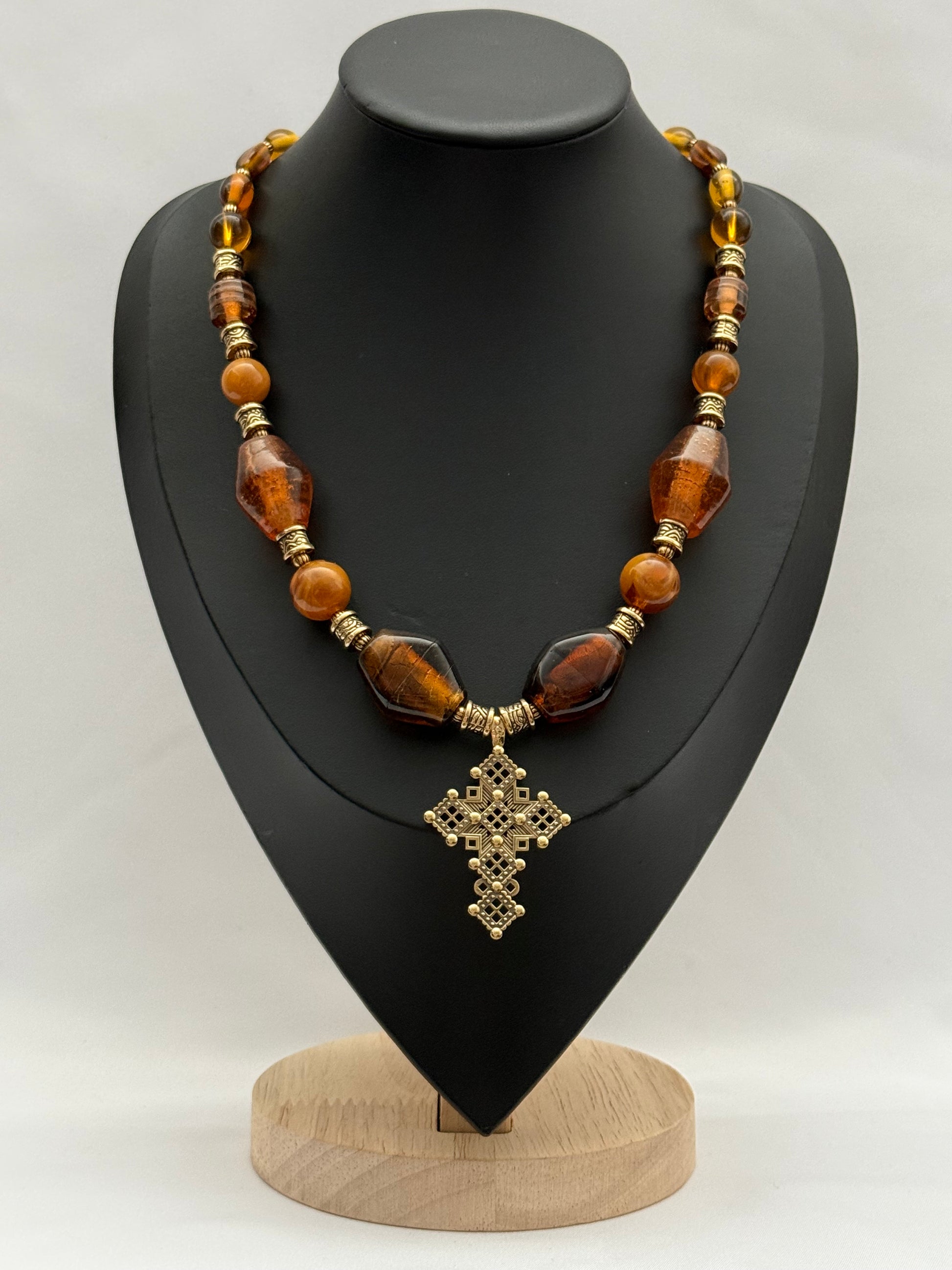 Amber Murano Glass Necklace with Brass Cross Pendant