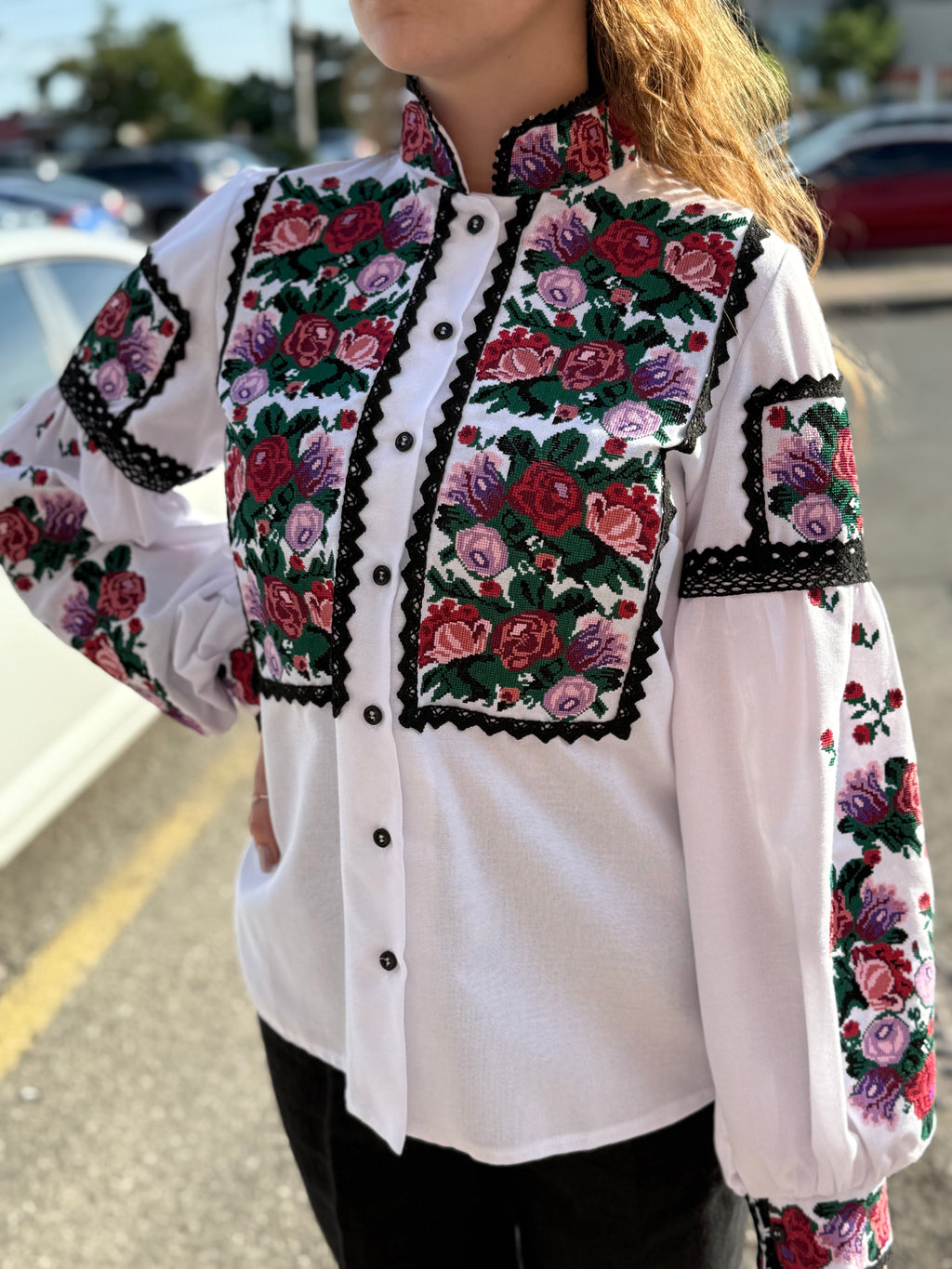 Women’s Embroidered Shirt – Colorful Ukrainian Vyshyvanka with Red Stand Collar