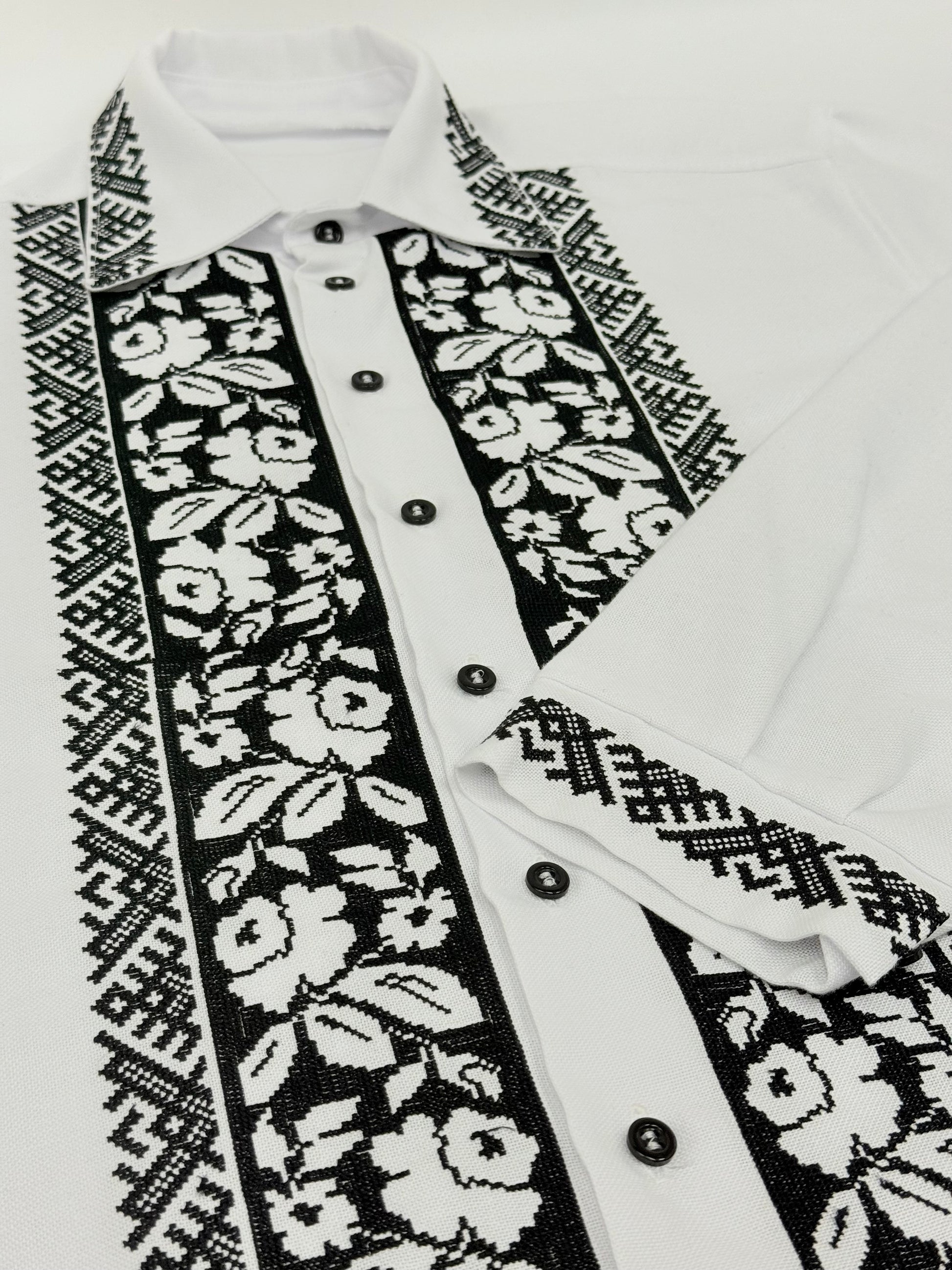 Men’s Embroidered Shirt "Transparent Flowers" – White Ukrainian Vyshyvanka with Black Embroidery