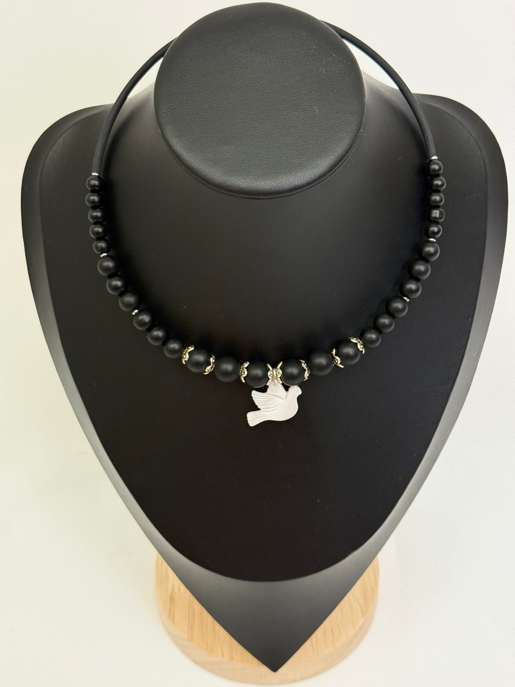 Black Onyx Choker with a White Bird