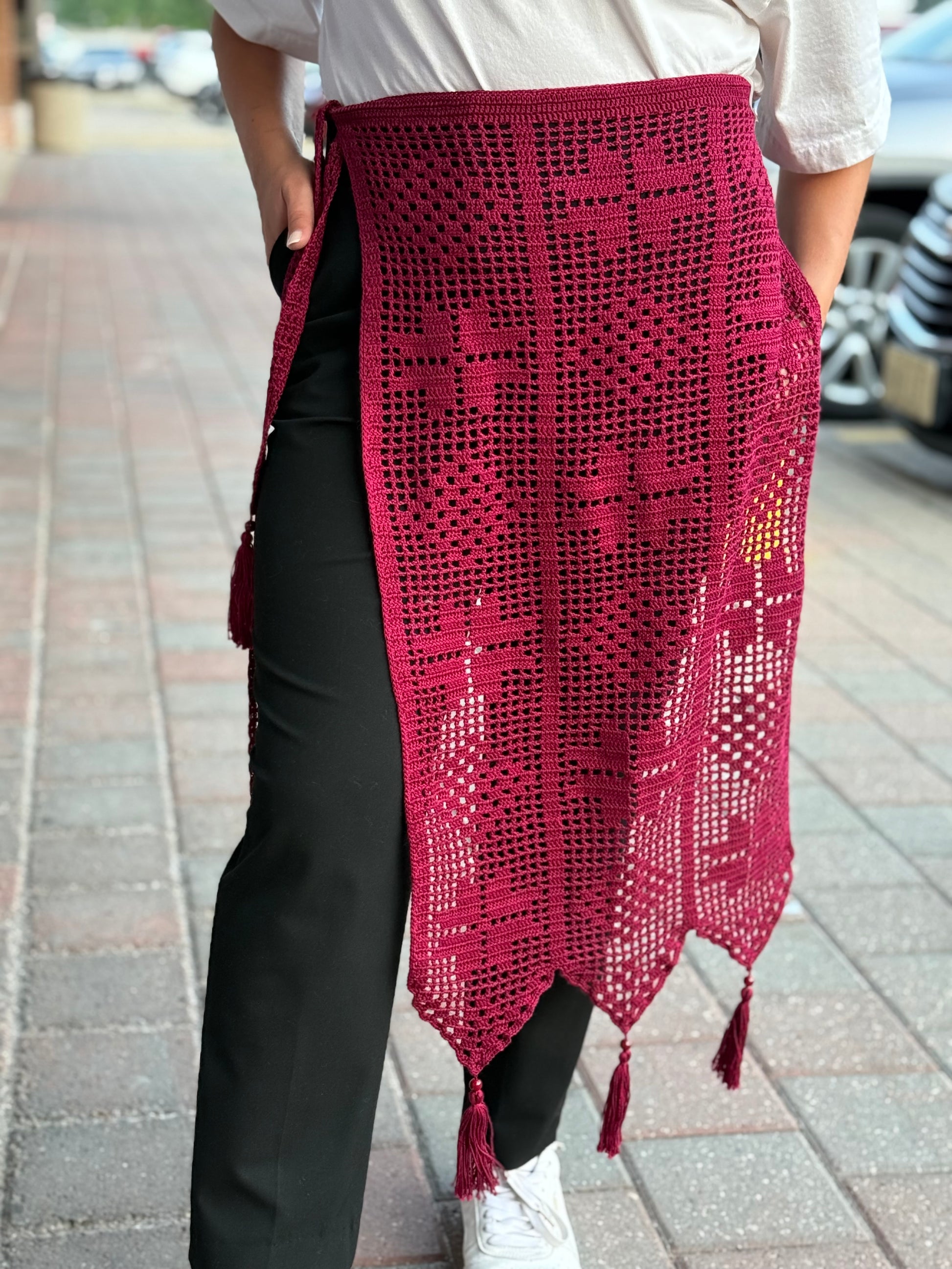 Hand-Knitted “Zapaska” with Traditional Ukrainian Ornament Cherry Colour