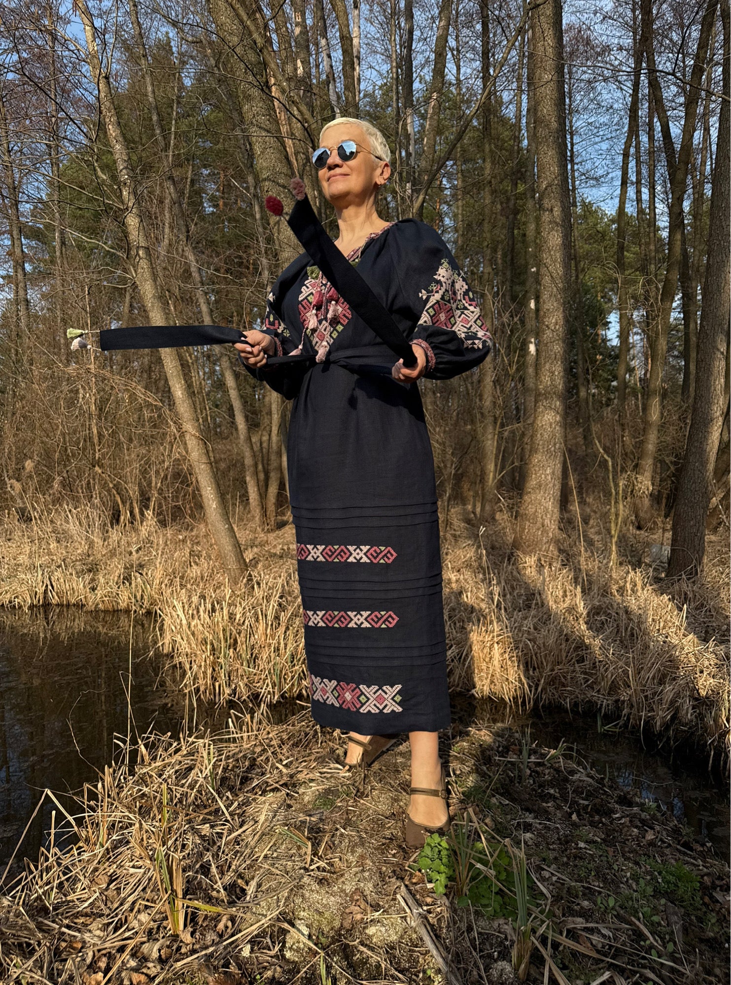 Hand-Embroidered Dark Blue Linen Dress