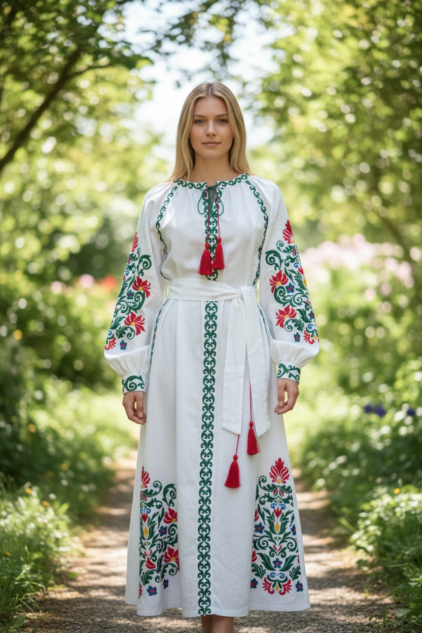 Midi Dress with Satin Stitch Embroidery