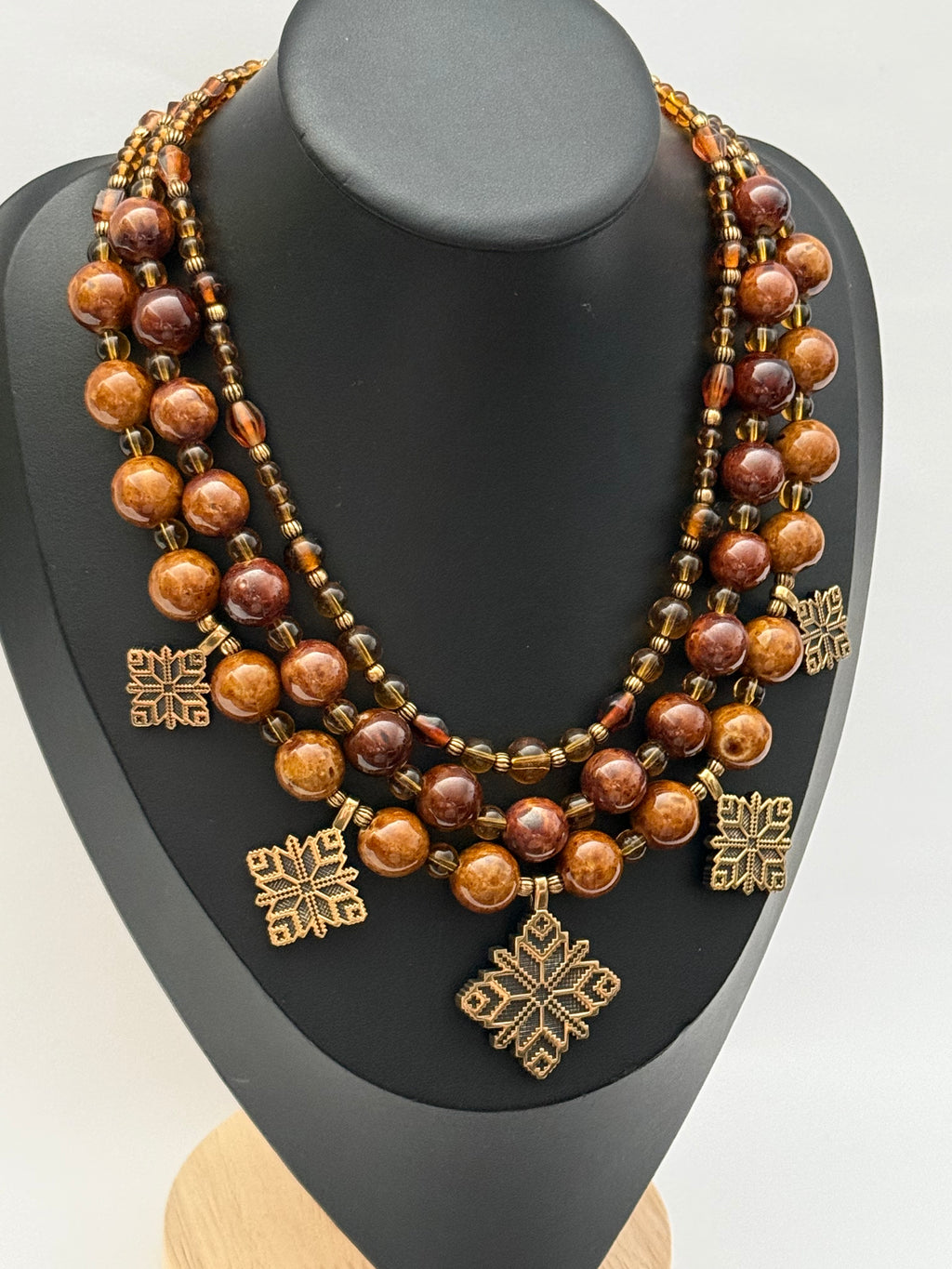 Three-Strand Necklace with Ceramic and Glass Beads and Brass Zgardas