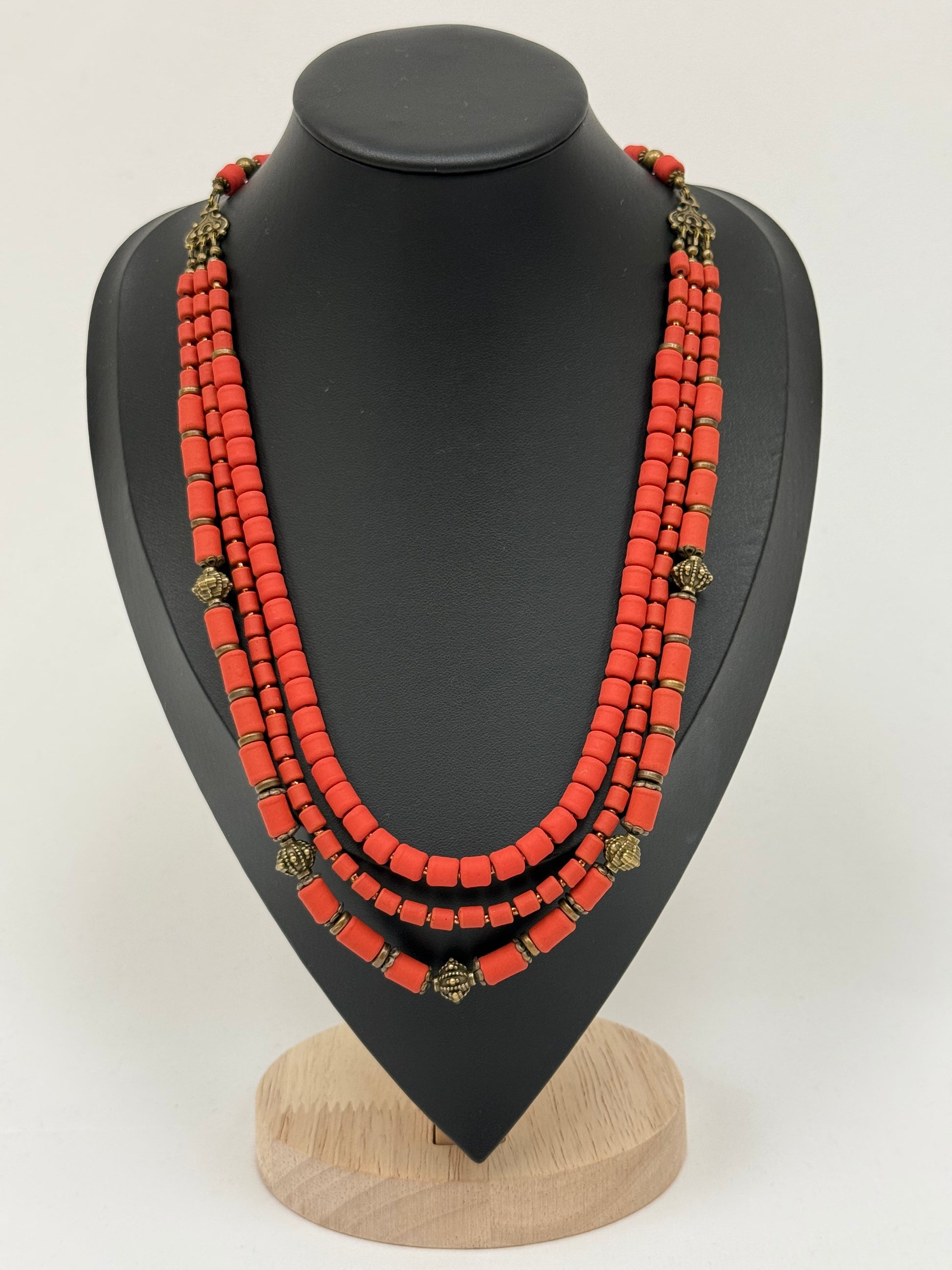 Three-Strand Necklace – Kosiv Ceramics with Brass Beads