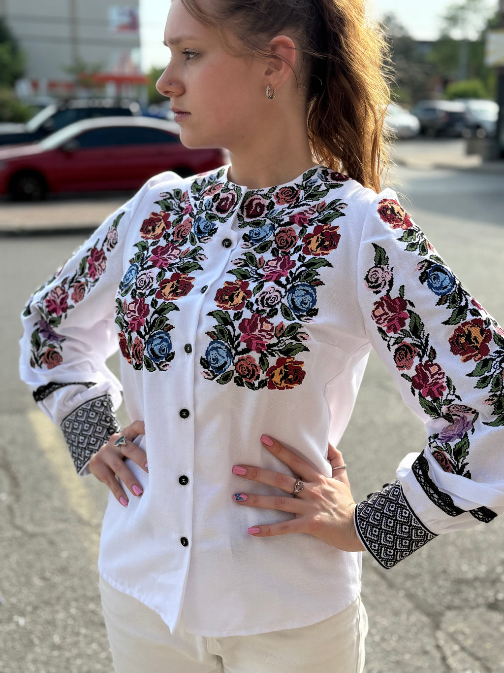 Women’s Embroidered Shirt "Rose" – White Ukrainian Vyshyvanka with Floral Motifs