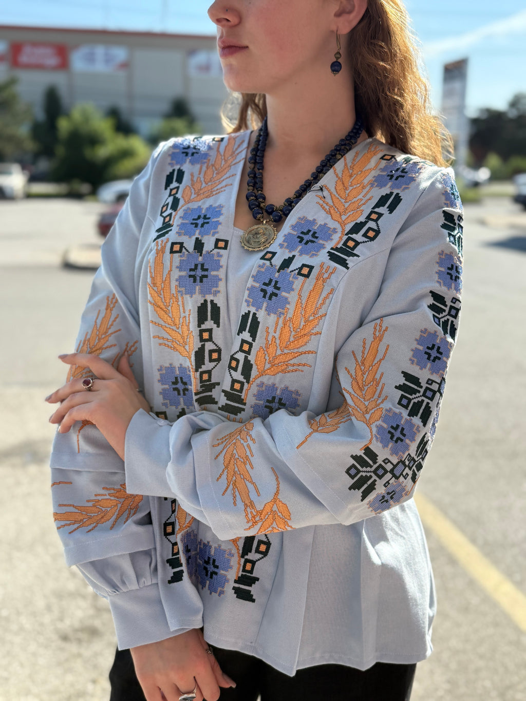 Women’s Embroidered Shirt "Cornflowers" – Light Blue Ukrainian Vyshyvanka with Floral Motifs