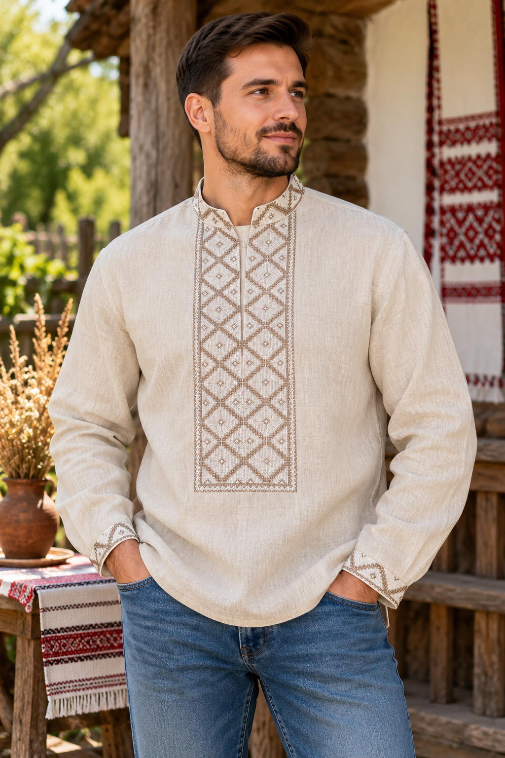 Men's Beige Linen Vyshyvanka with Geometric Embroidery