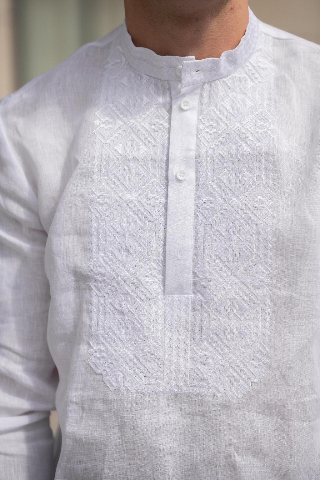 Men’s White Linen Embroidered Shirt (Roll-Up Sleeves)