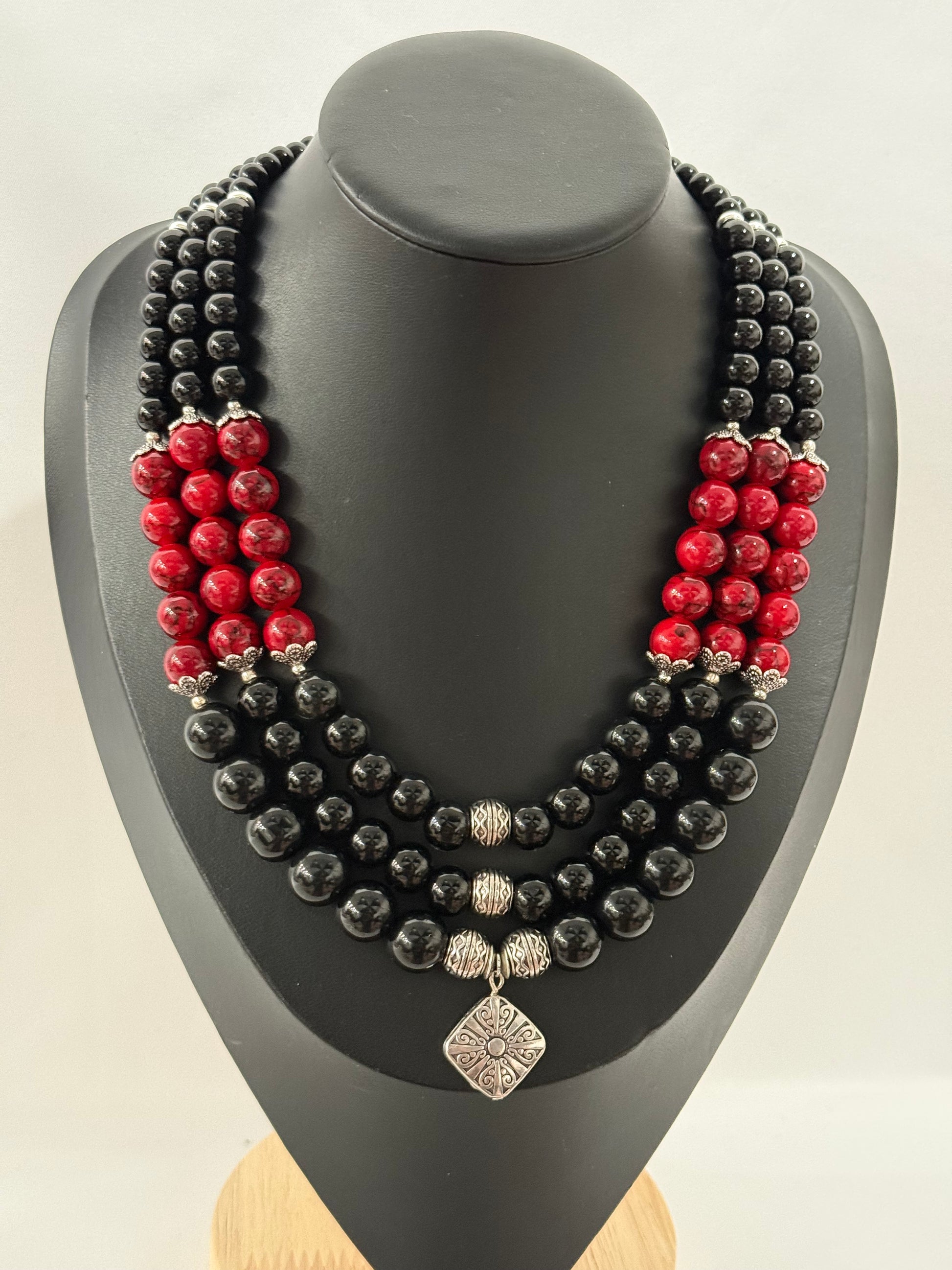 Triple-Strand Black and Red Necklace with Onyx and Ceramic Beads | Three Strands