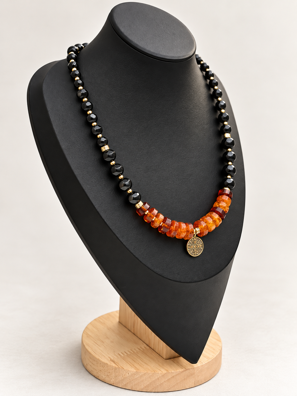 “Kryzhyk” Amber & Black Glass Bead Necklace with Brass Pendant