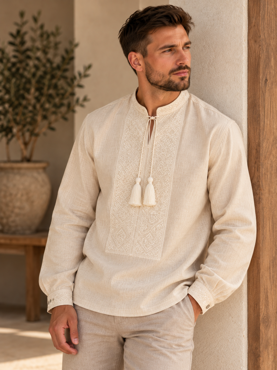 Men's Light Cream Linen Vyshyvanka with White Embroidery