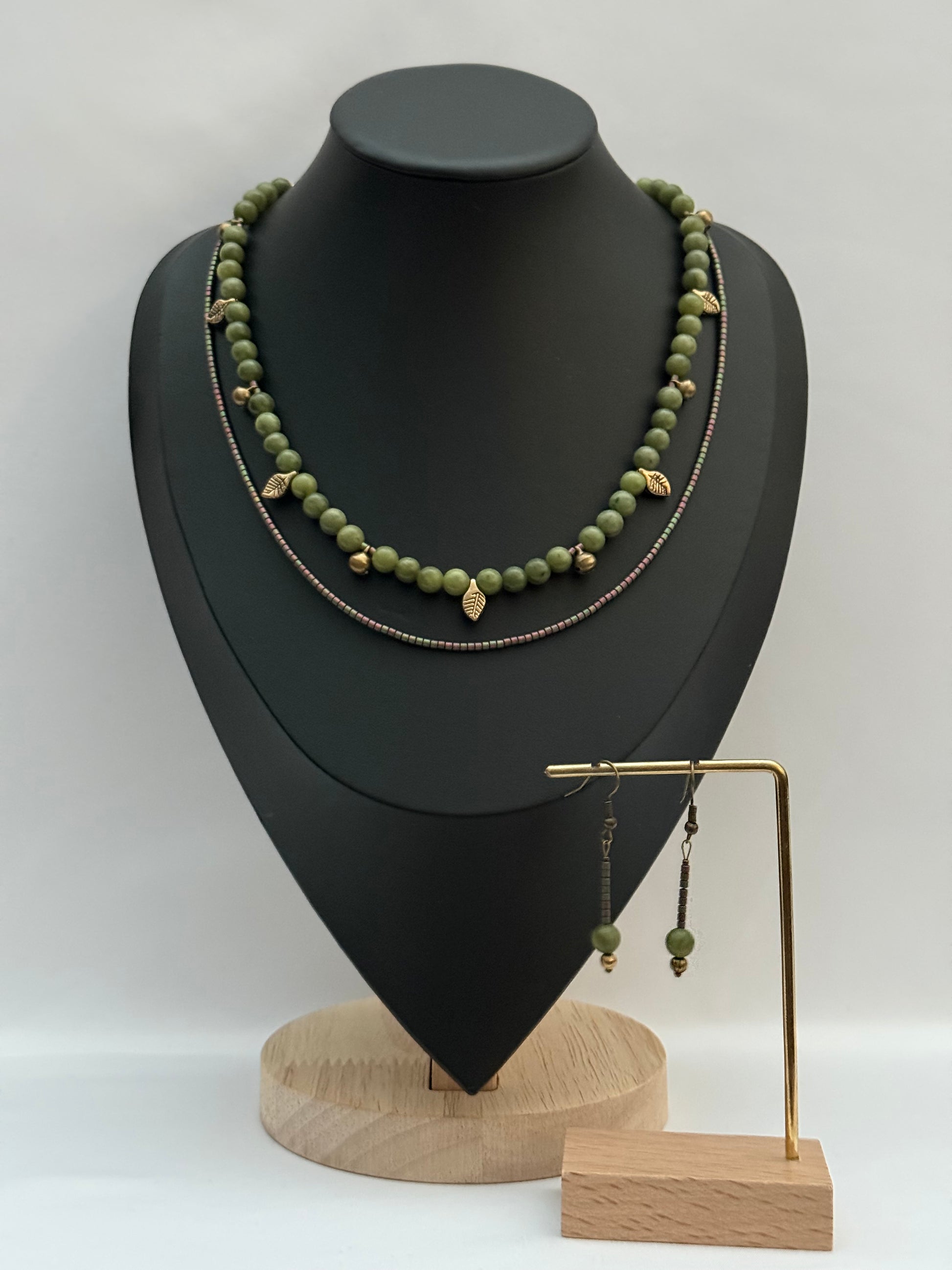 Double-Strand Green Jade and Bead Necklace with Brass Pendants | Necklace & Earrings Set