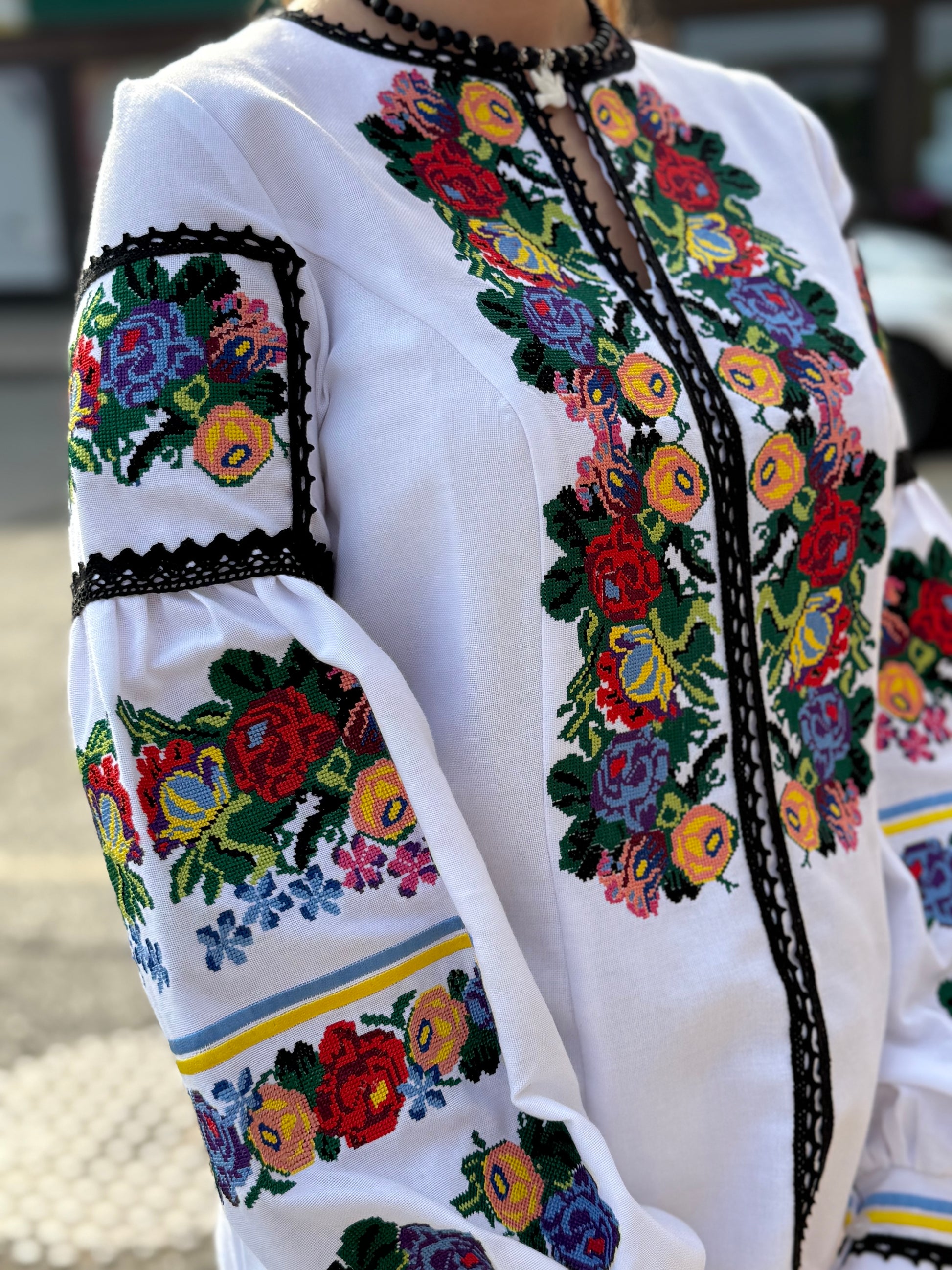 Women’s Embroidered Shirt "Patriotic" – White Ukrainian Vyshyvanka with Floral Motifs