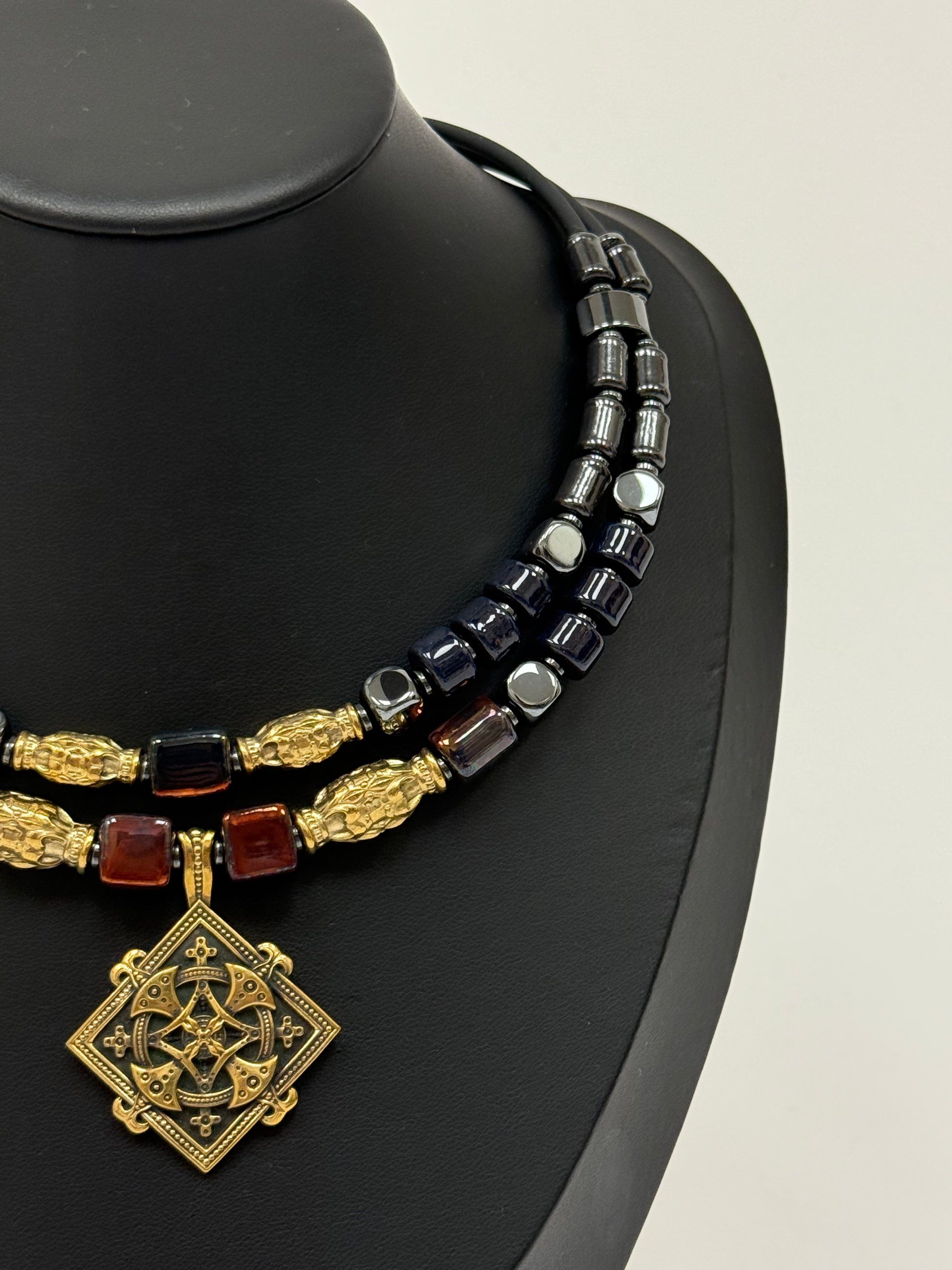 Double-Strand Choker – Kosiv Ceramics, Hematite & Brass Cross Pendant