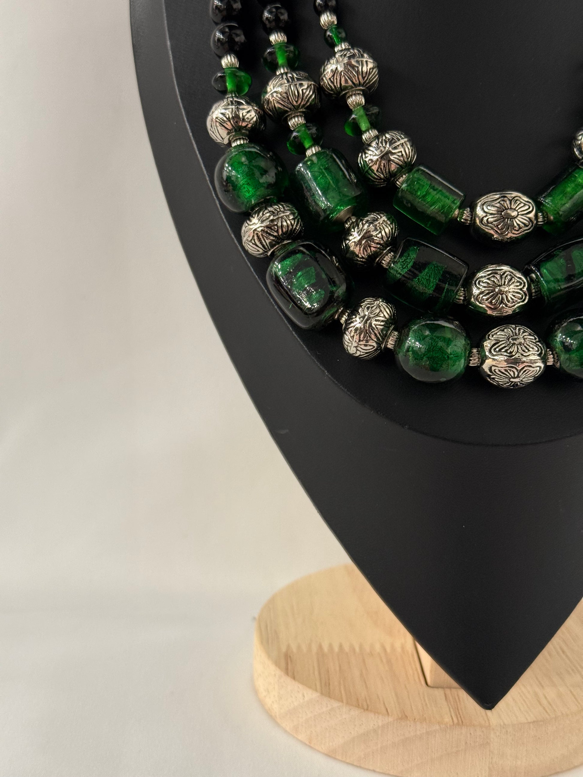 Triple-Strand Luxury Necklace in Vintage Murano Green Glass | Three Strands