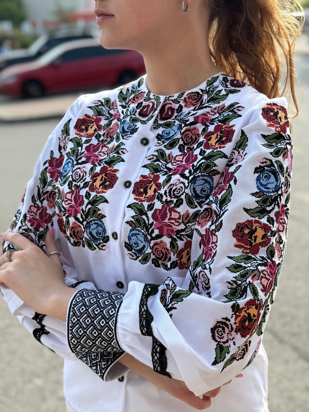 Women’s Embroidered Shirt "Rose" – White Ukrainian Vyshyvanka with Floral Motifs