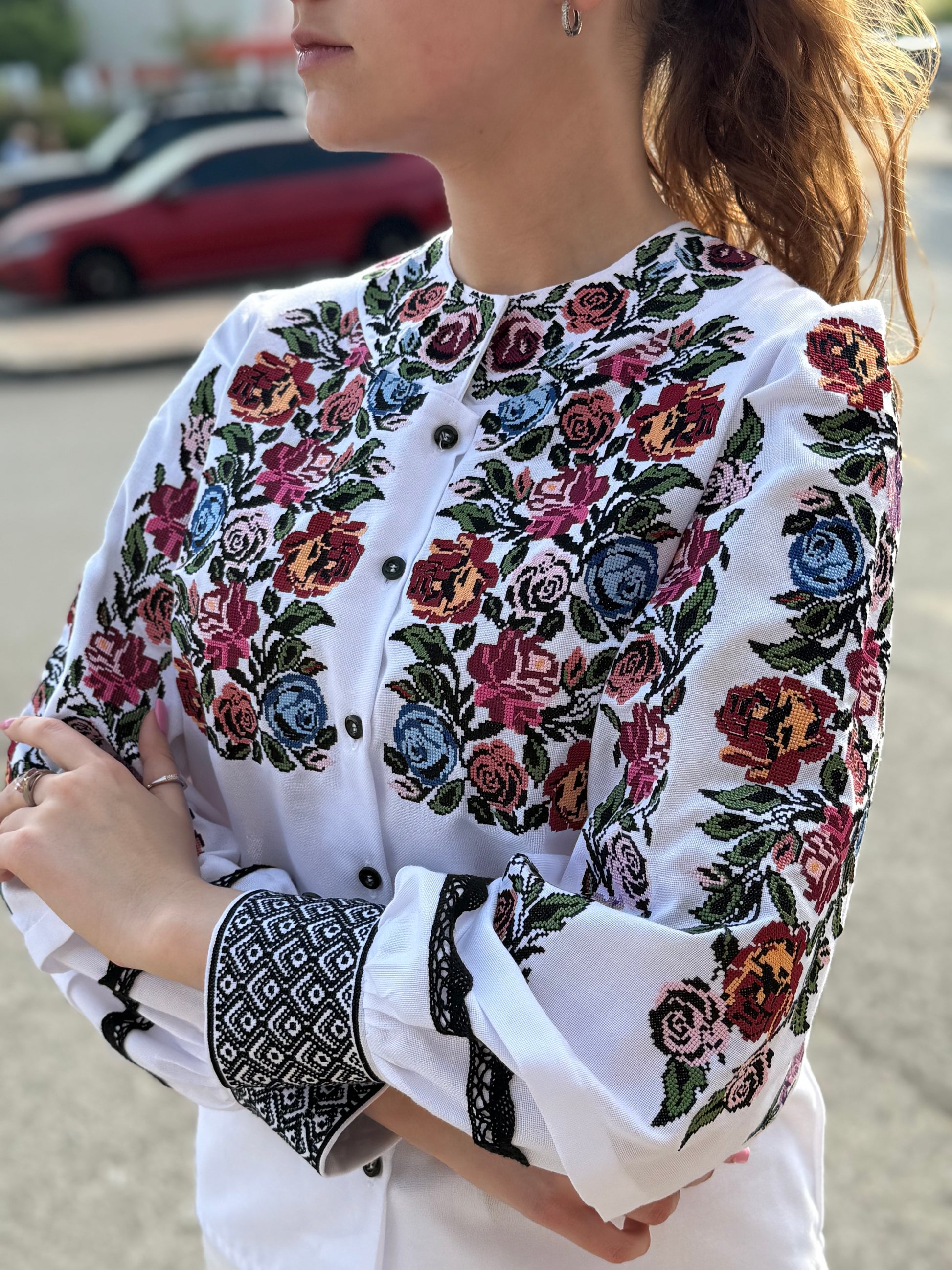 Women’s Embroidered Shirt "Rose" – White Ukrainian Vyshyvanka with Floral Motifs