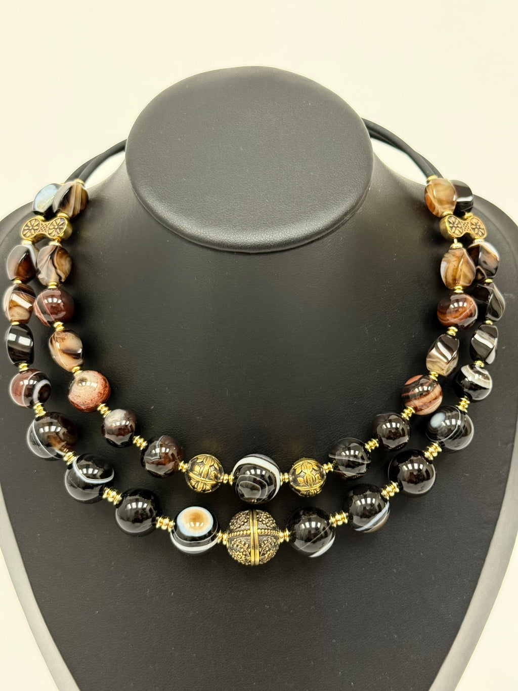 Two-Strand Striped Agate Choker with Brass Beads