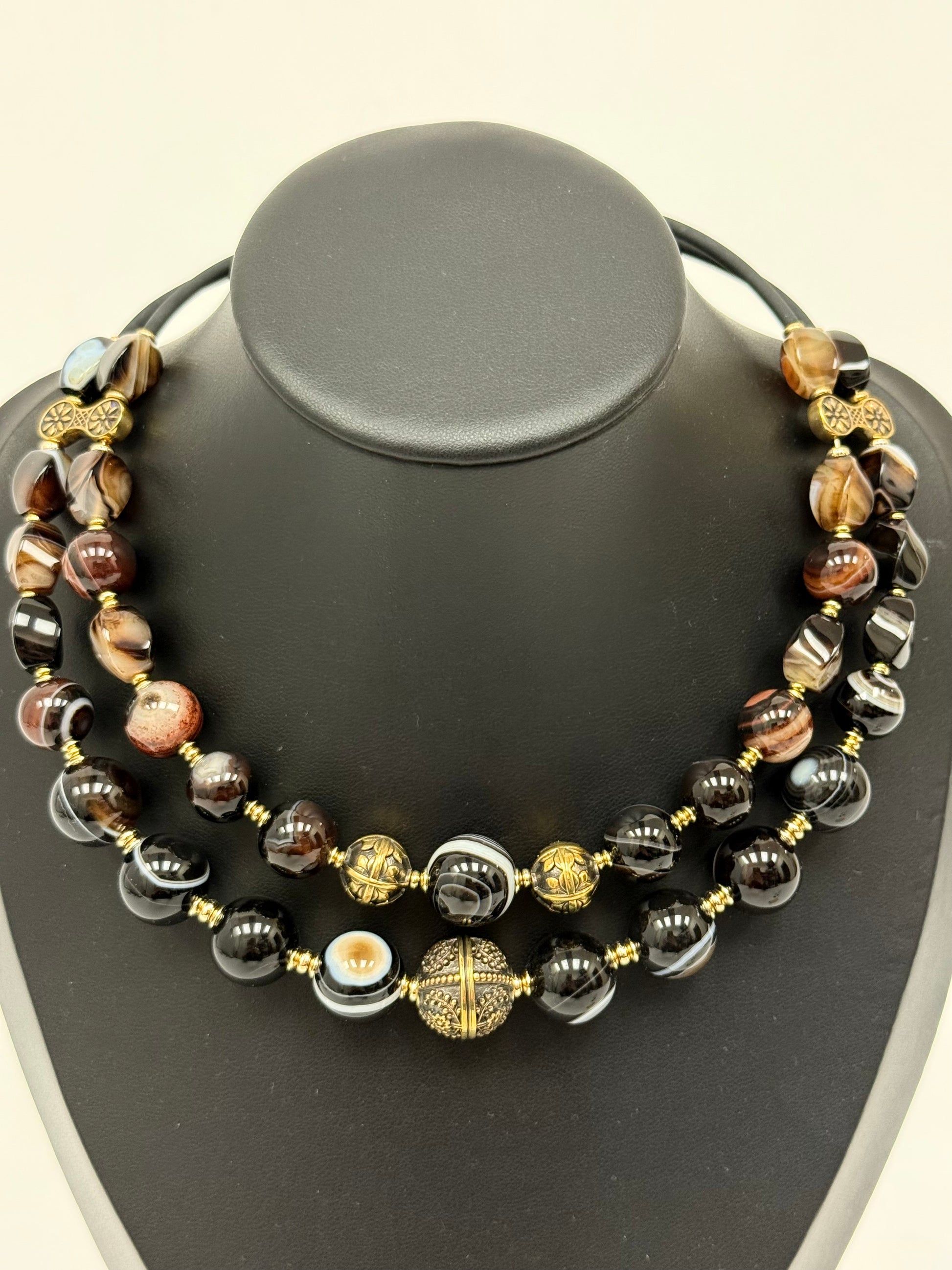 Two-Strand Striped Agate Choker with Brass Beads