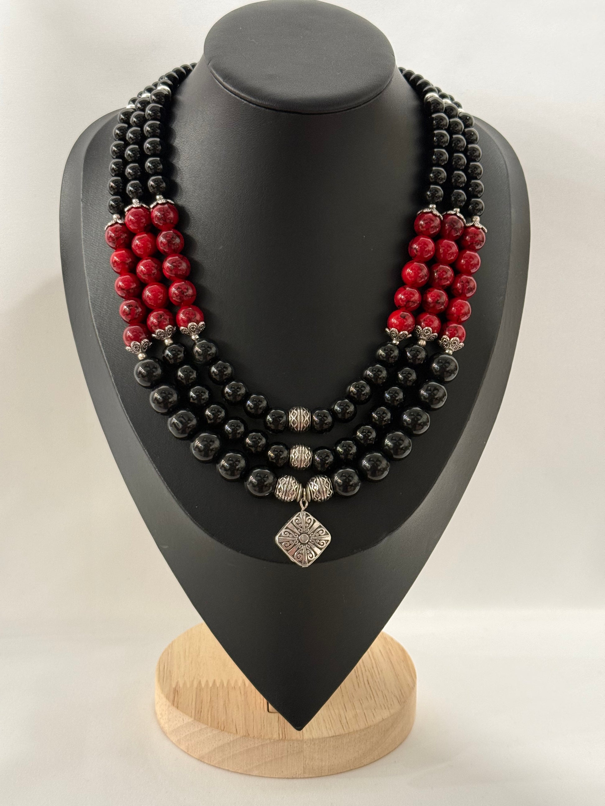 Triple-Strand Black and Red Necklace with Onyx and Ceramic Beads | Three Strands