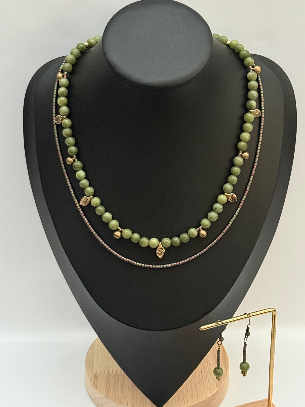 Double-Strand Green Jade and Bead Necklace with Brass Pendants | Necklace & Earrings Set