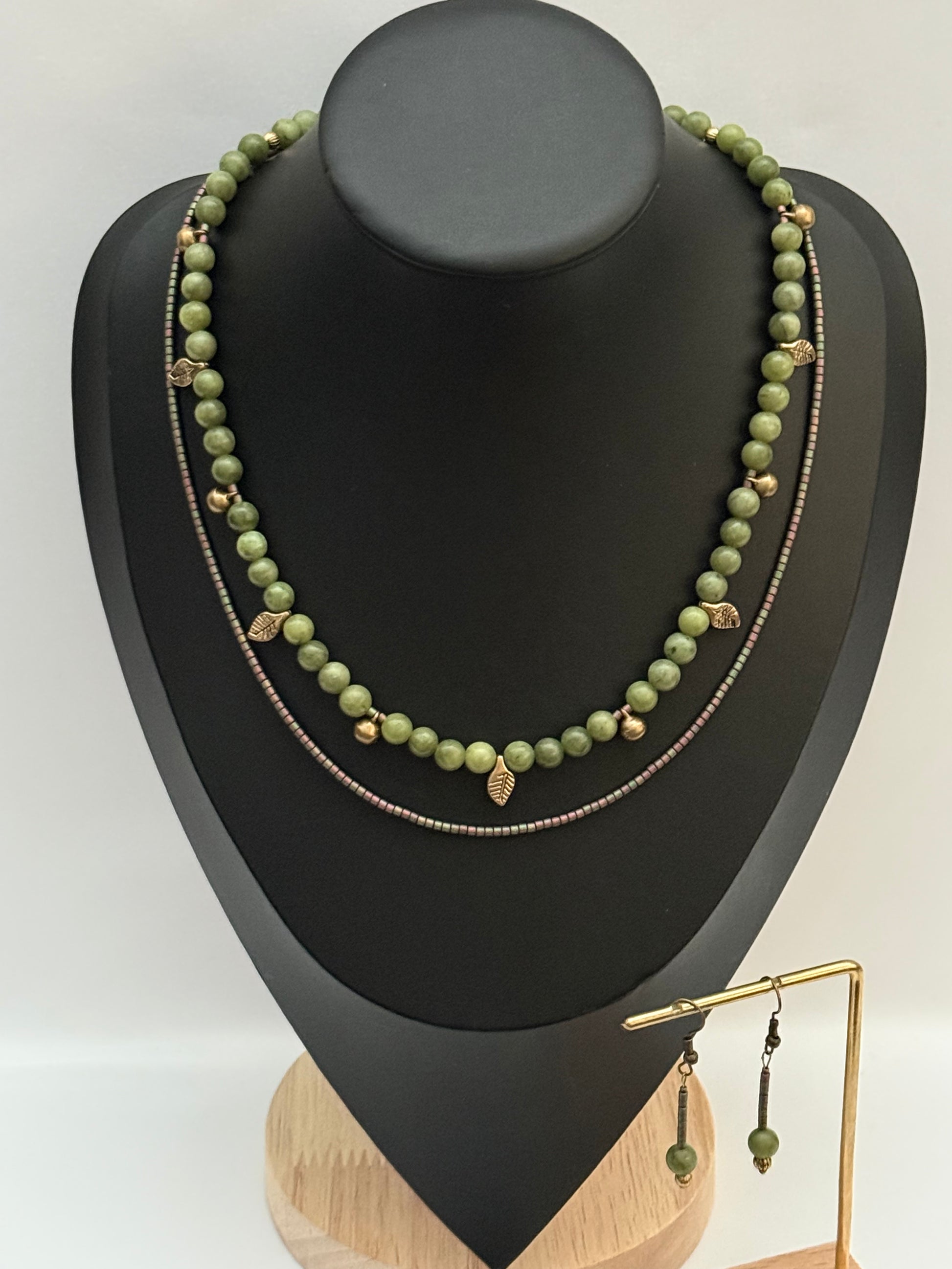 Double-Strand Green Jade and Bead Necklace with Brass Pendants | Necklace & Earrings Set