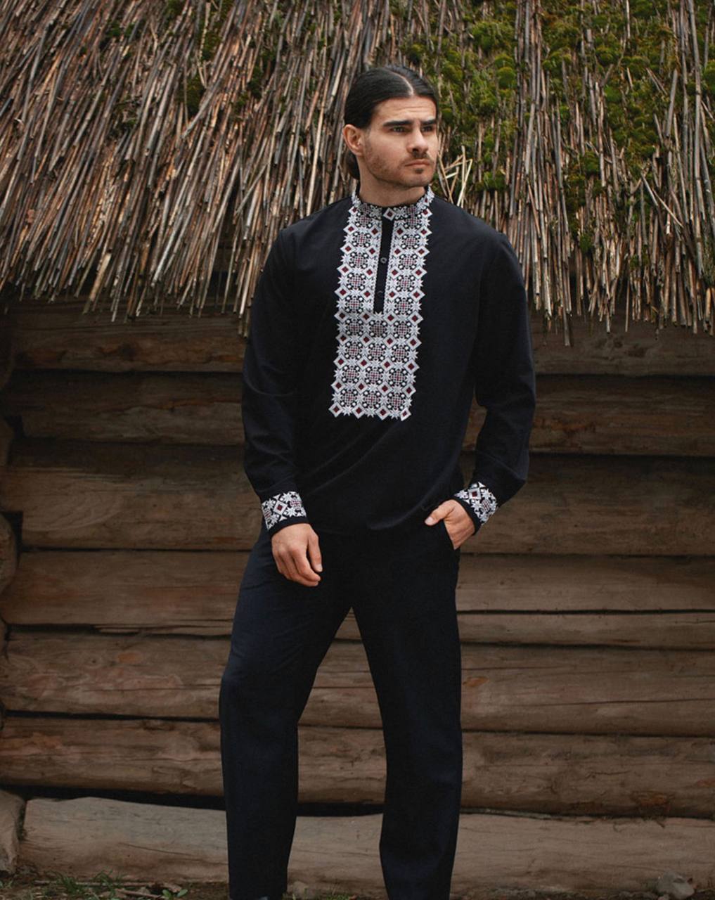 Men's Black Ukrainian Vyshyvanka “Burevii” with White & Burgundy Geometric Embroidery