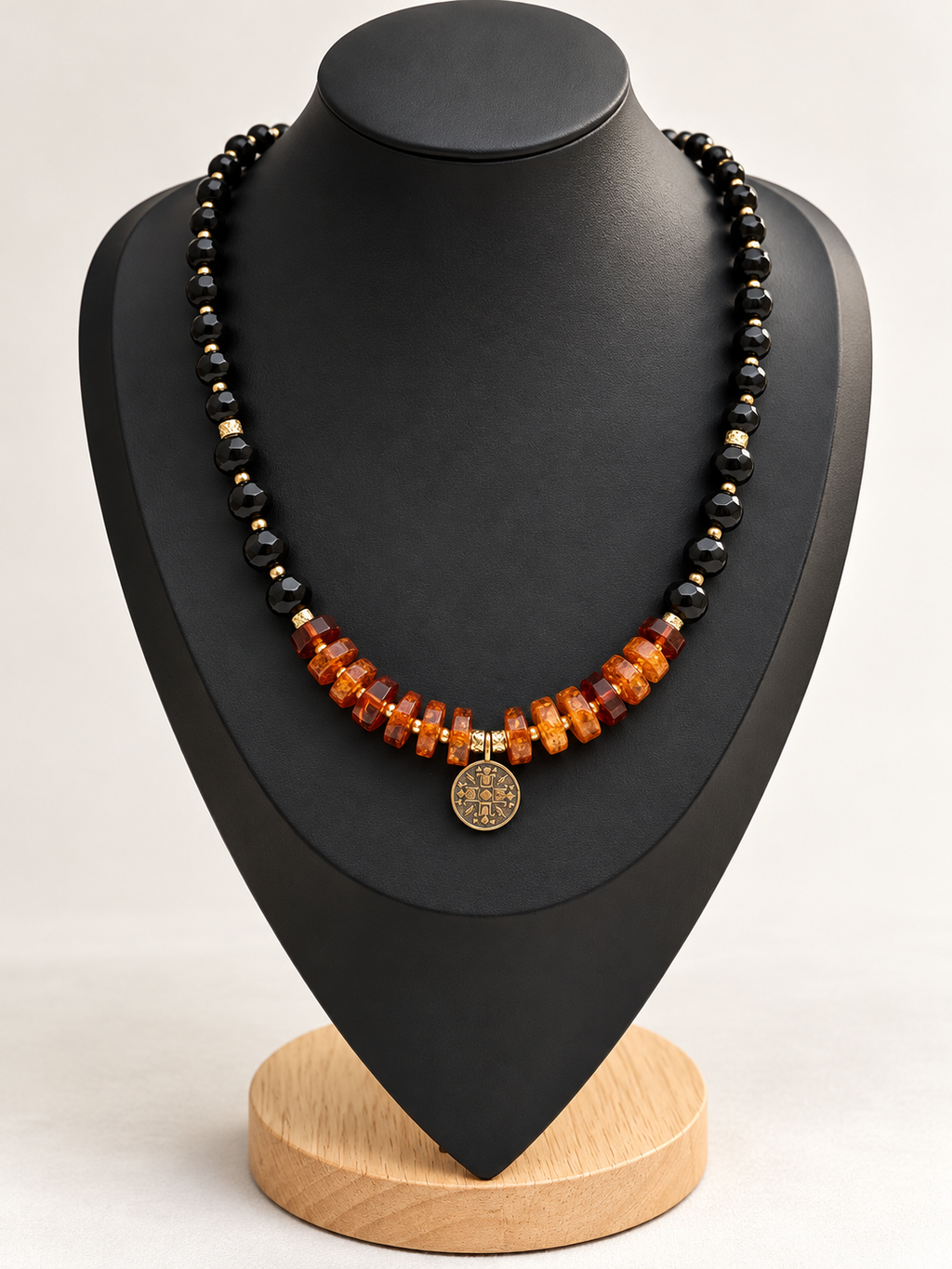 “Kryzhyk” Amber & Black Glass Bead Necklace with Brass Pendant