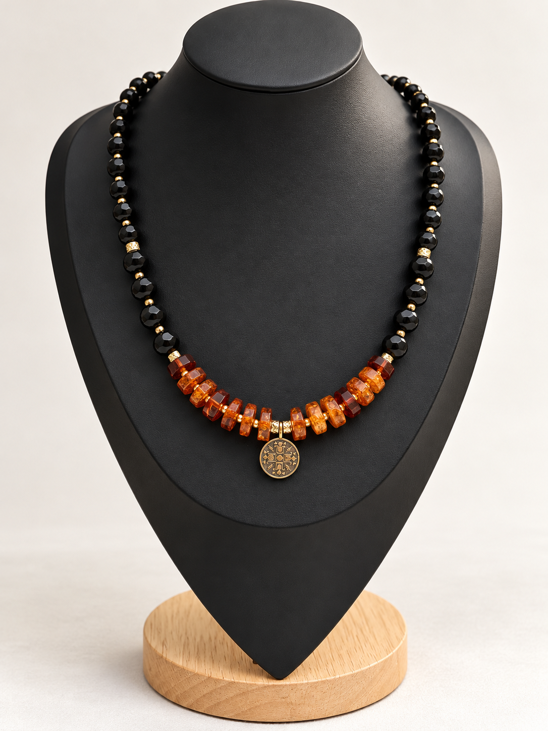 “Kryzhyk” Amber & Black Glass Bead Necklace with Brass Pendant