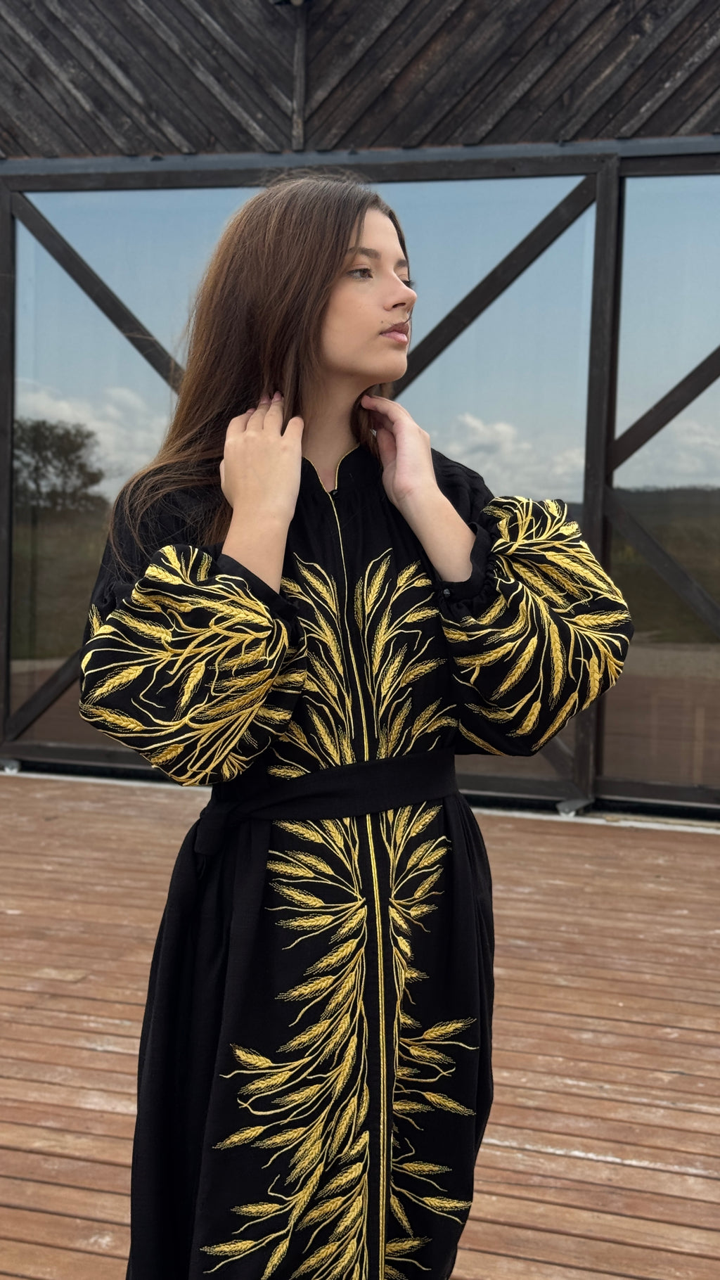Black Linen Dress with Wheat Embroidery