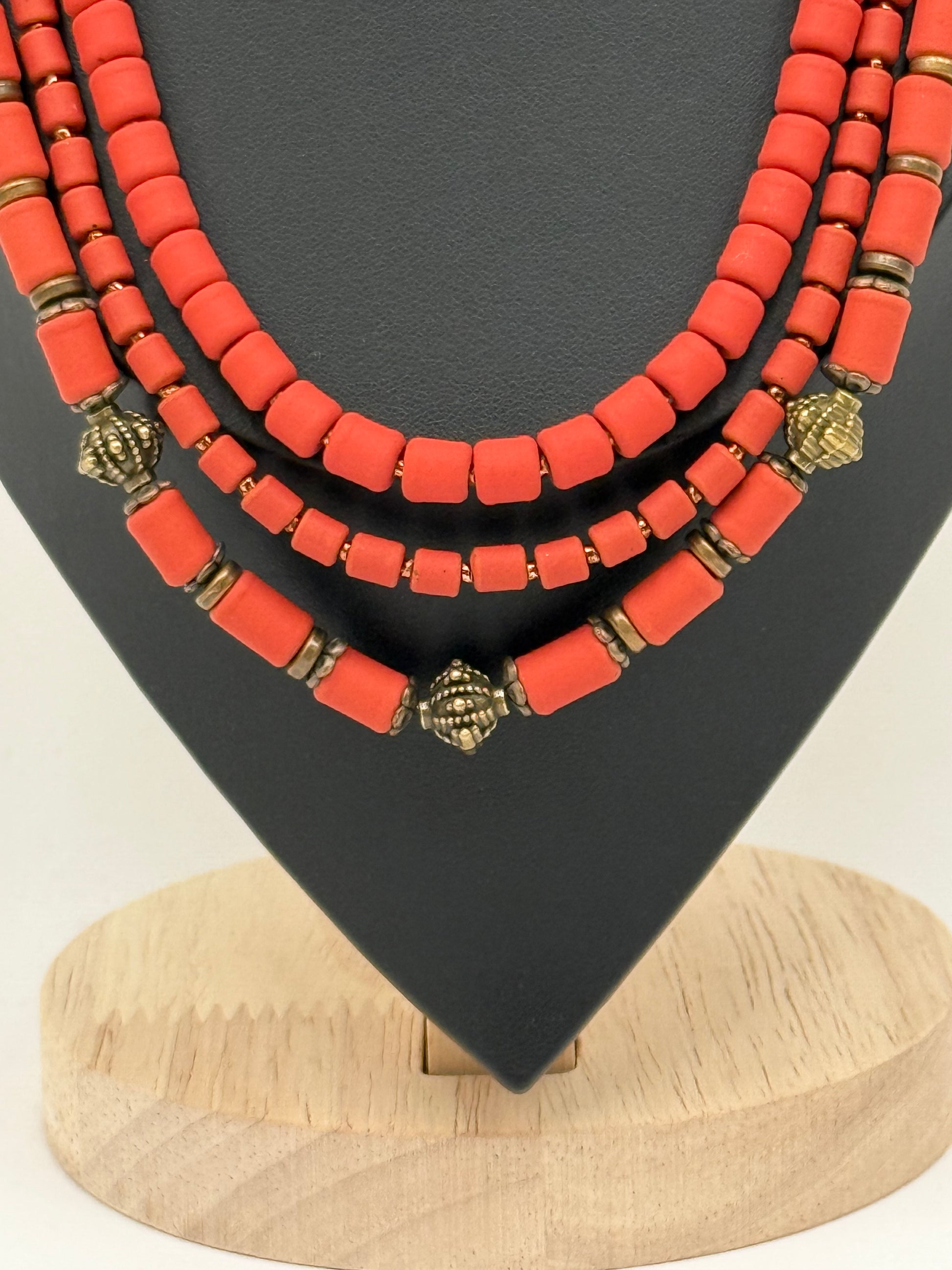Three-Strand Necklace – Kosiv Ceramics with Brass Beads