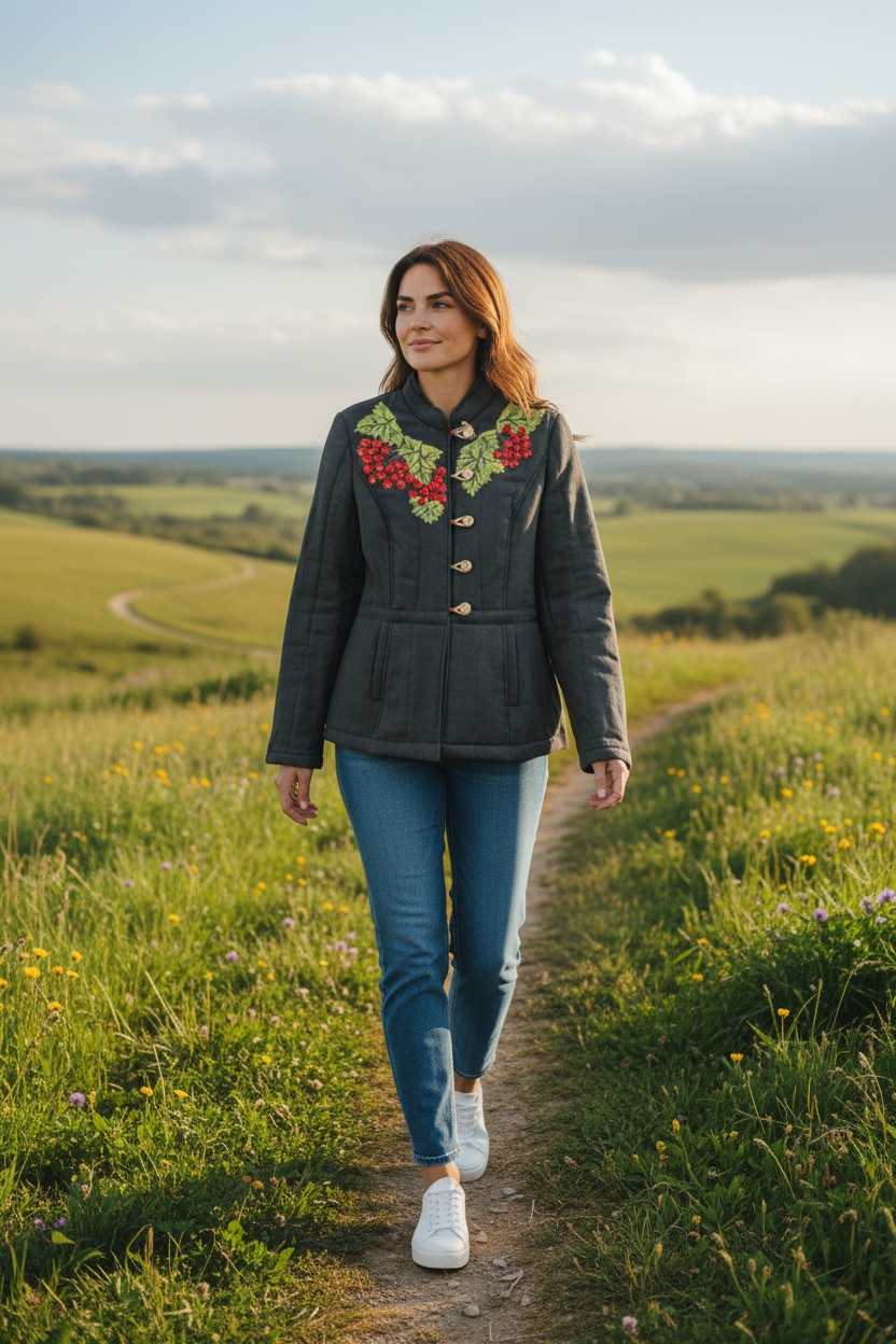 Linen Jacket "Kalyna" With Handmade Wool Felting Black