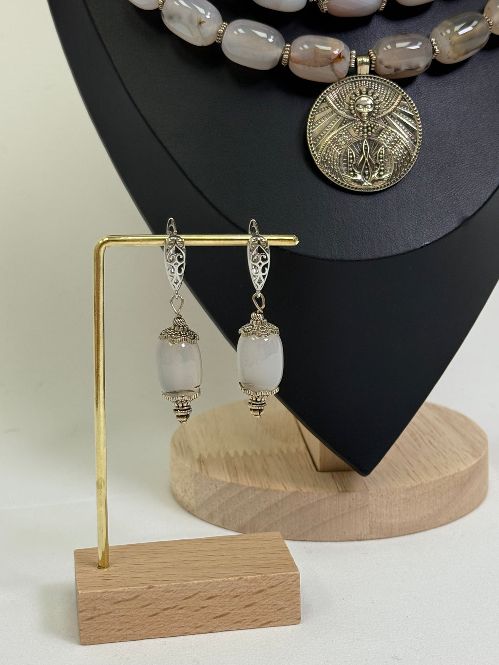 Natural Gray-Blue Stone Choker with Brass Pendant of the "Pokrovy Bohorodytsy"