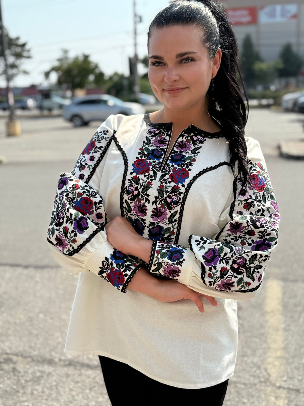 Women’s Embroidered Shirt "Kucheriava" – Crem Ukrainian Vyshyvanka with Floral Motifs