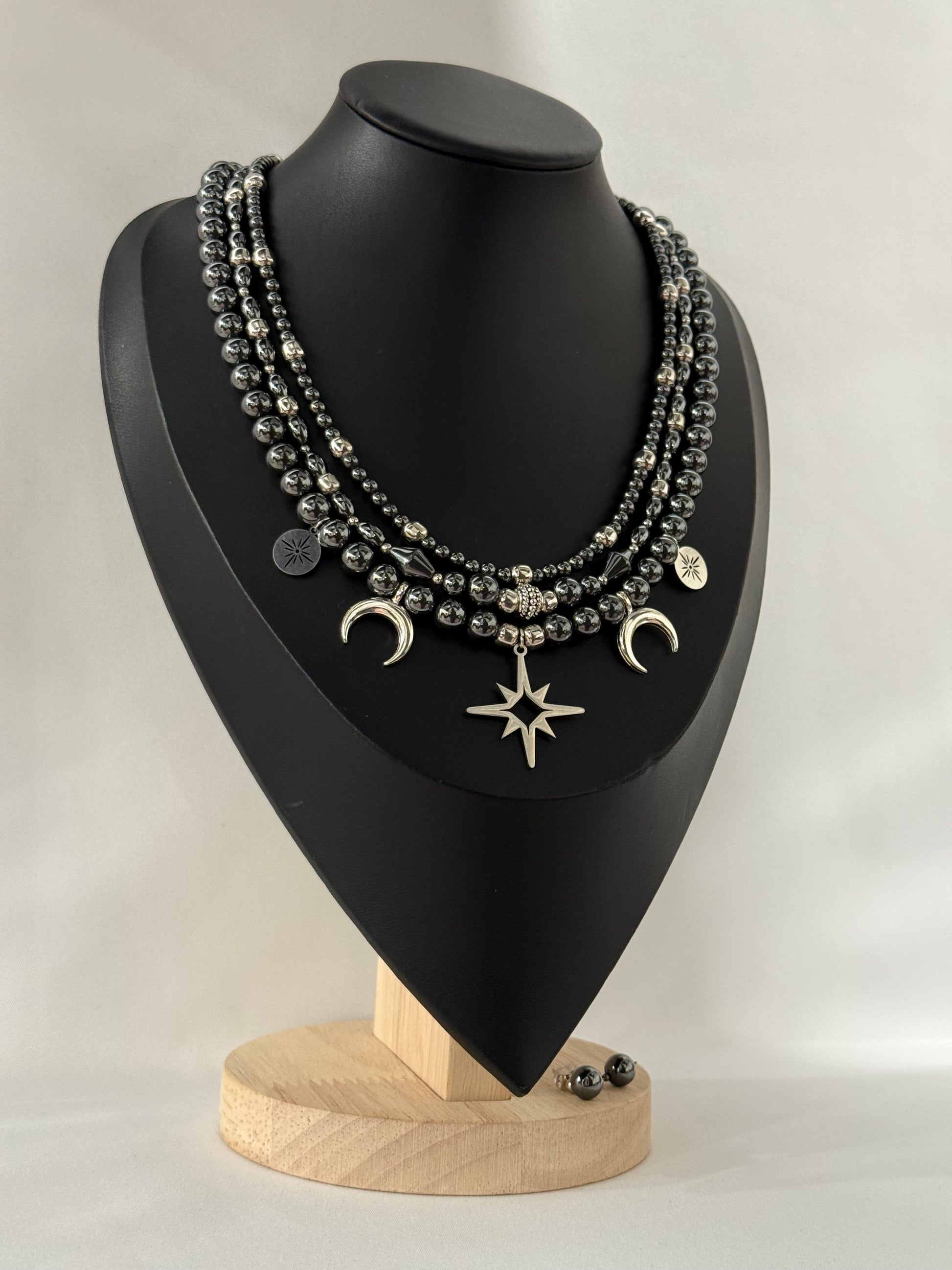 Triple-Strand Necklace with Metal Beads and “Starry Night” Pendants with Earrings | Three Strands