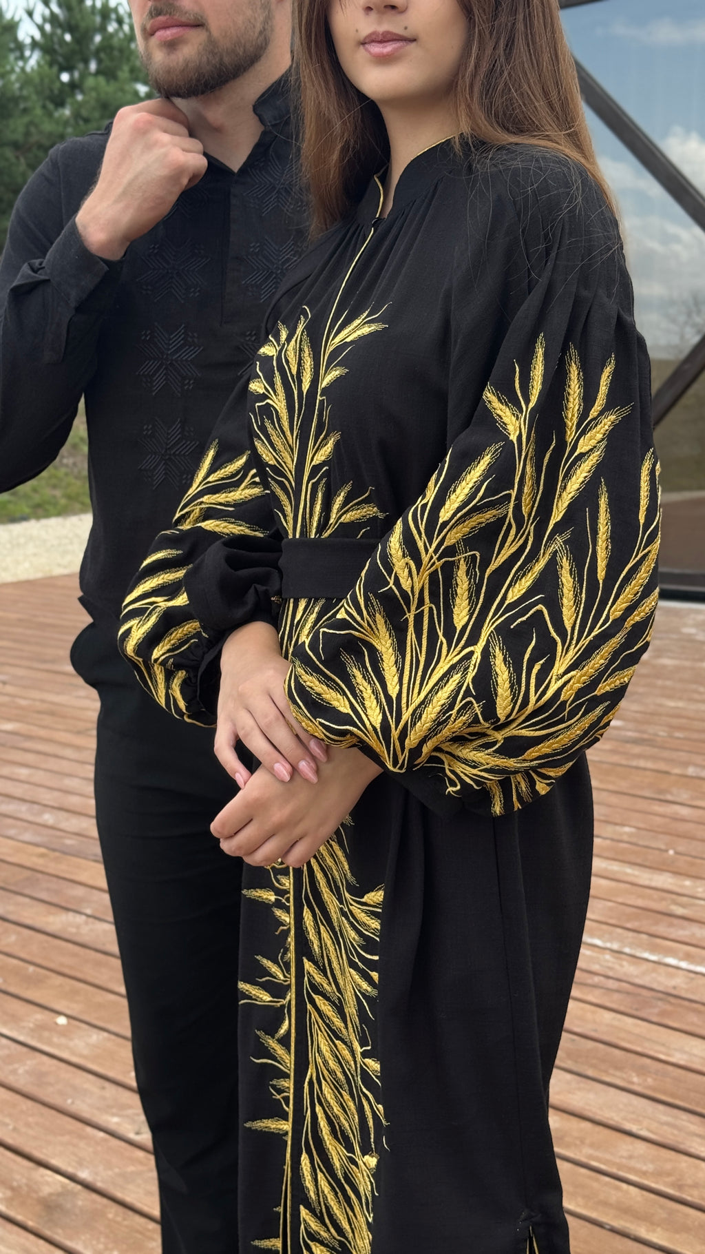 Black Linen Dress with Wheat Embroidery