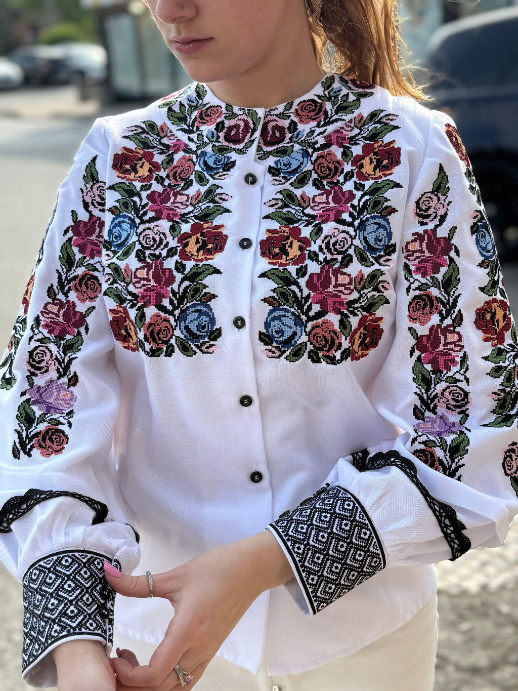 Women’s Embroidered Shirt "Rose" – White Ukrainian Vyshyvanka with Floral Motifs