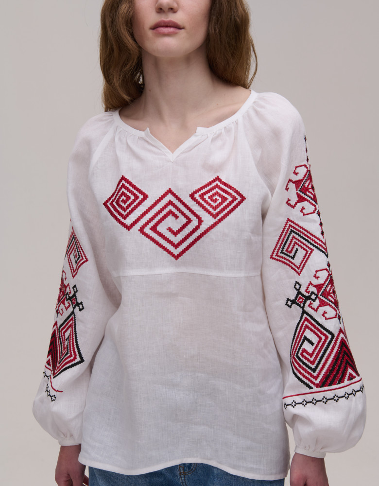 Women’s Embroidered Shirt "Infinity" – White Ukrainian Vyshyvanka in Linen