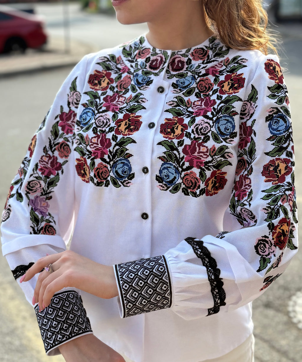 Women’s Embroidered Shirt "Rose" – White Ukrainian Vyshyvanka with Floral Motifs