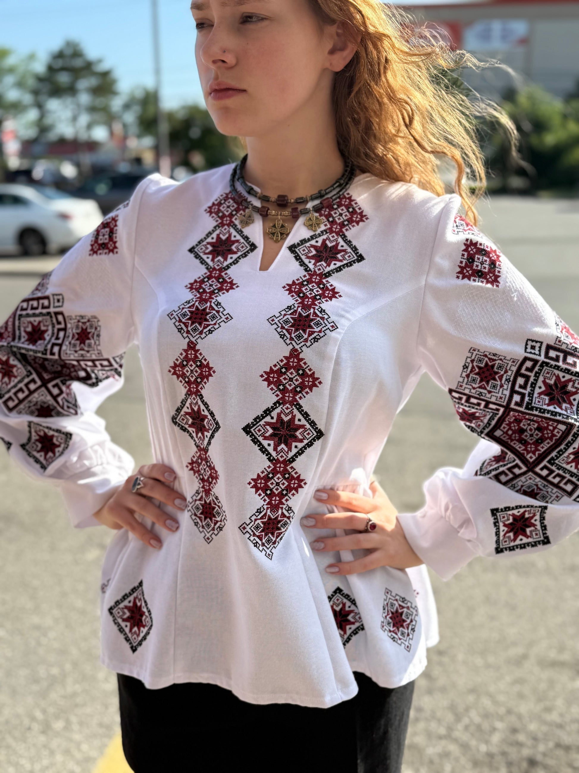 Women’s Embroidered Shirt "Red Star" – White Ukrainian Vyshyvanka with Red and Black Embroidery