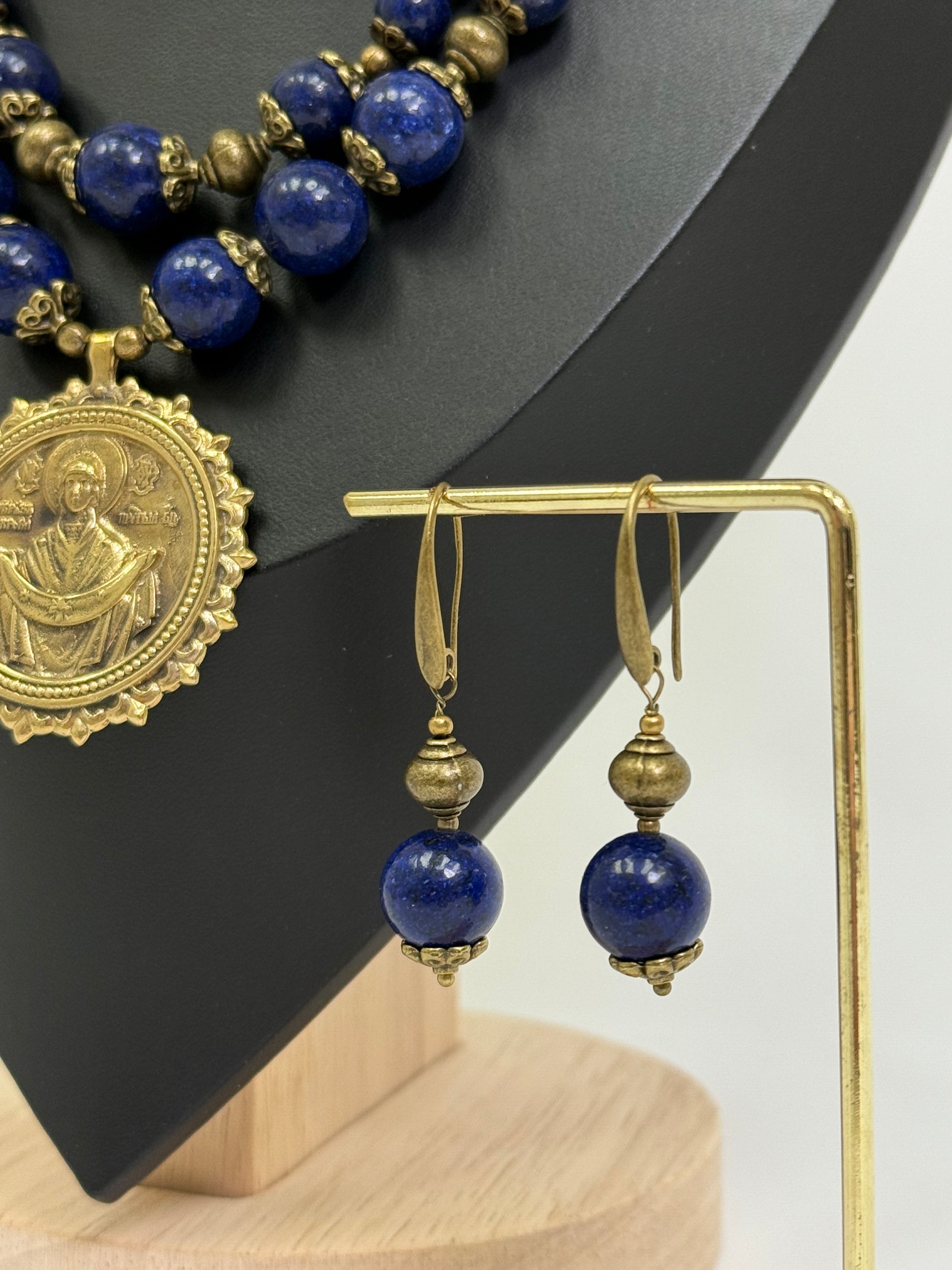 Natural Blue Stone Necklace with a Brass Pendant of the "Pokrovy Bohorodytsy"