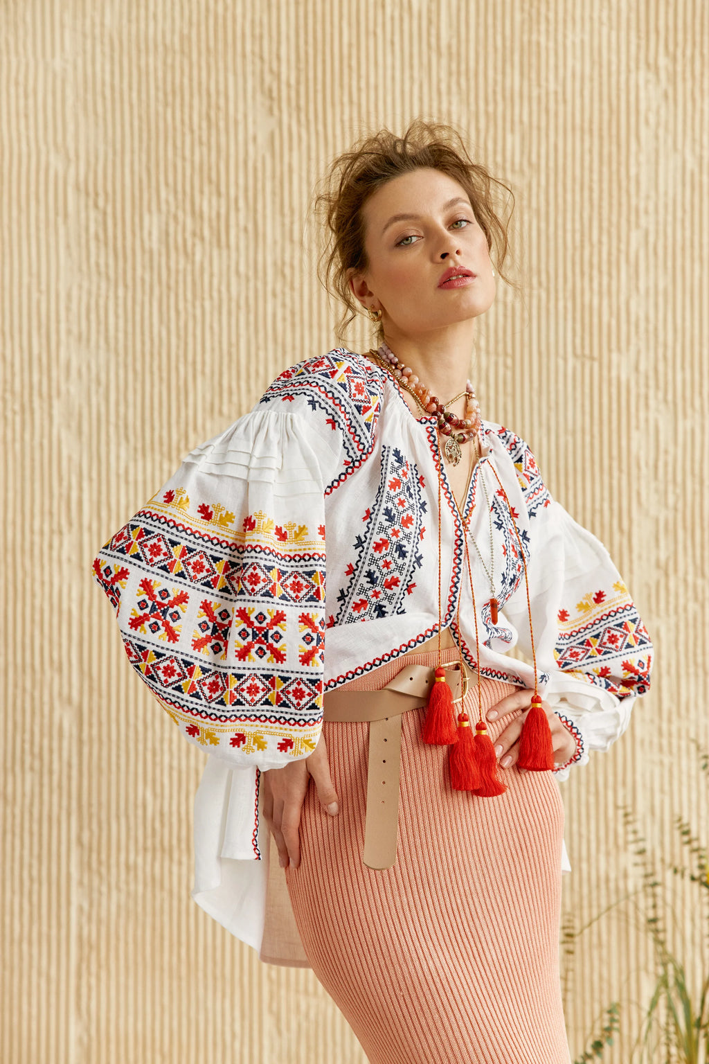 Lora Linen Embroidered Blouse with Belt