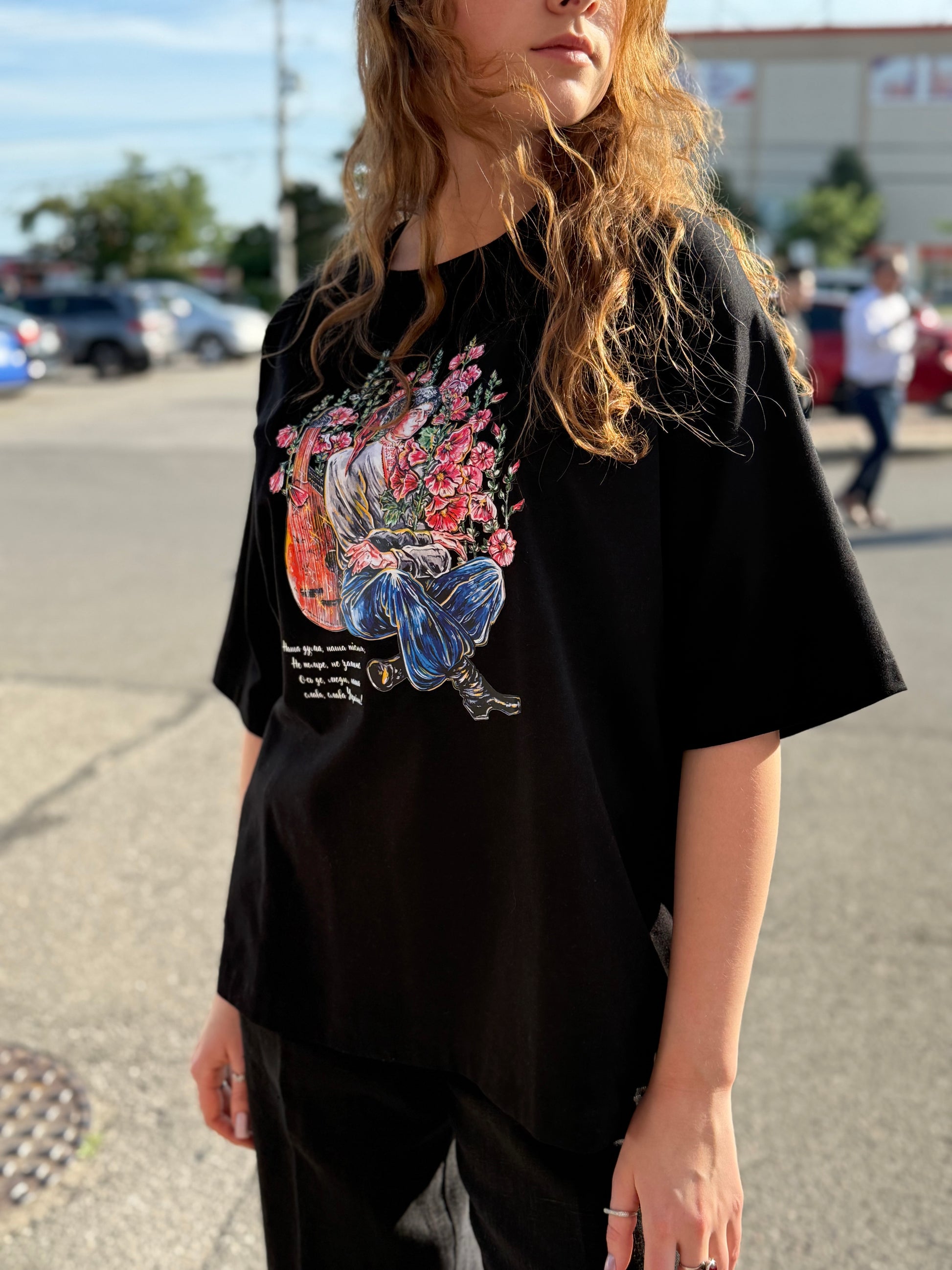 T-Shirt with Ukrainian Print Cossack with Bandura Black