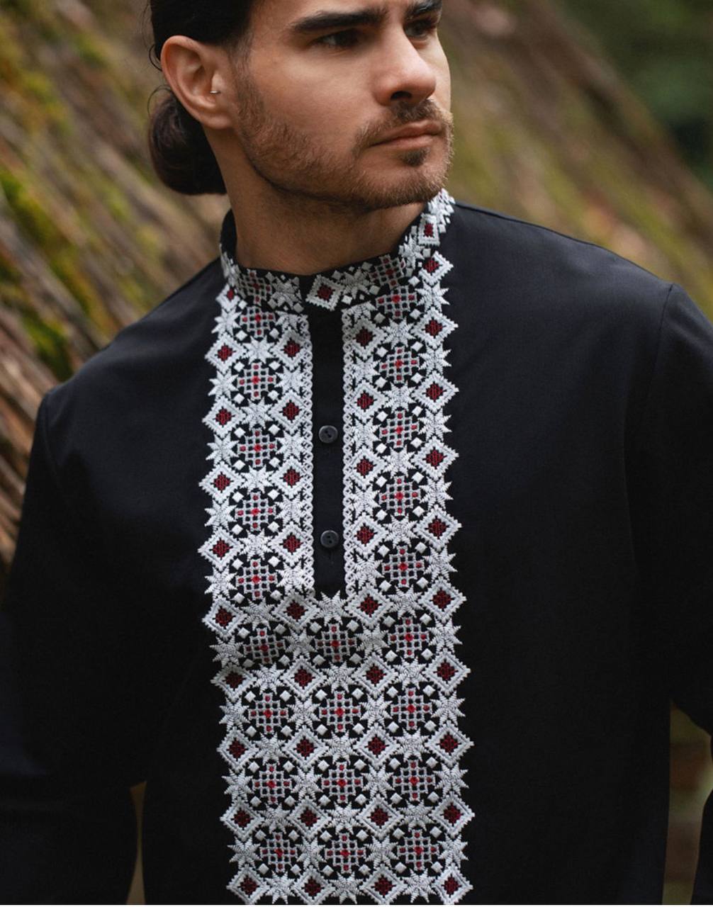 Men's Black Ukrainian Vyshyvanka “Burevii” with White & Burgundy Geometric Embroidery