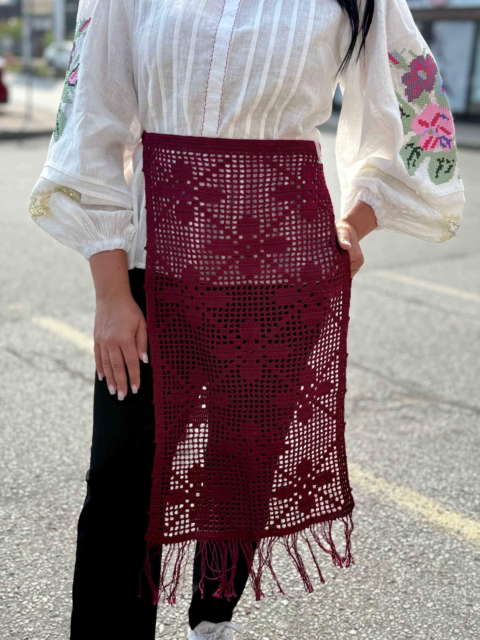 Hand-Knitted “Zapaska” with Traditional Ukrainian Ornament Cherry Colour